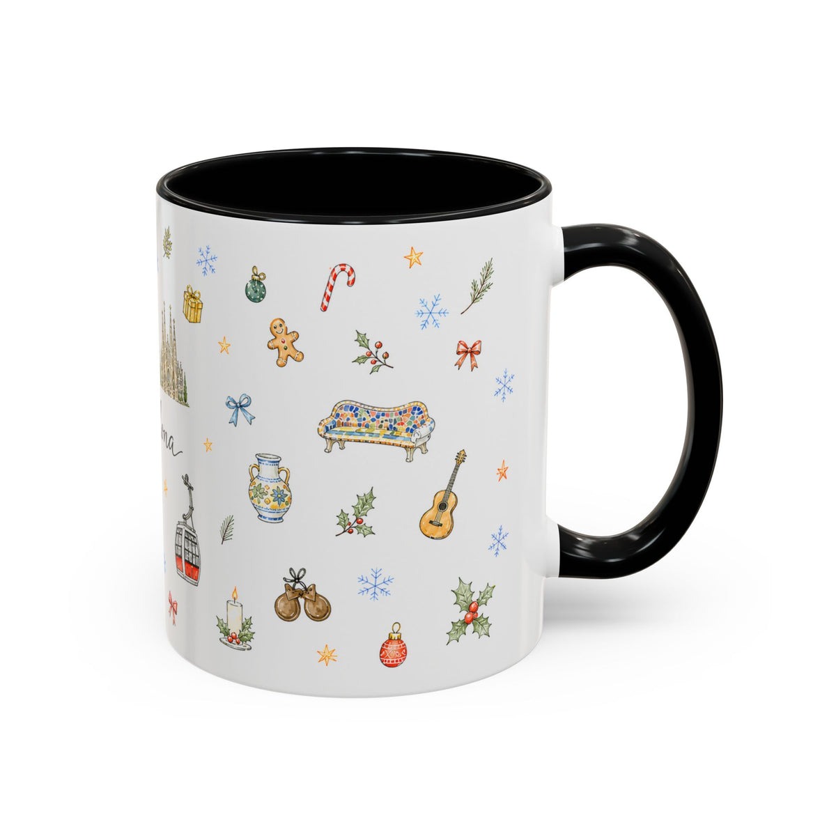 Barcelona Christmas Mug | Watercolor City Souvenir, Ceramic Coffee Cup (11oz/15oz)