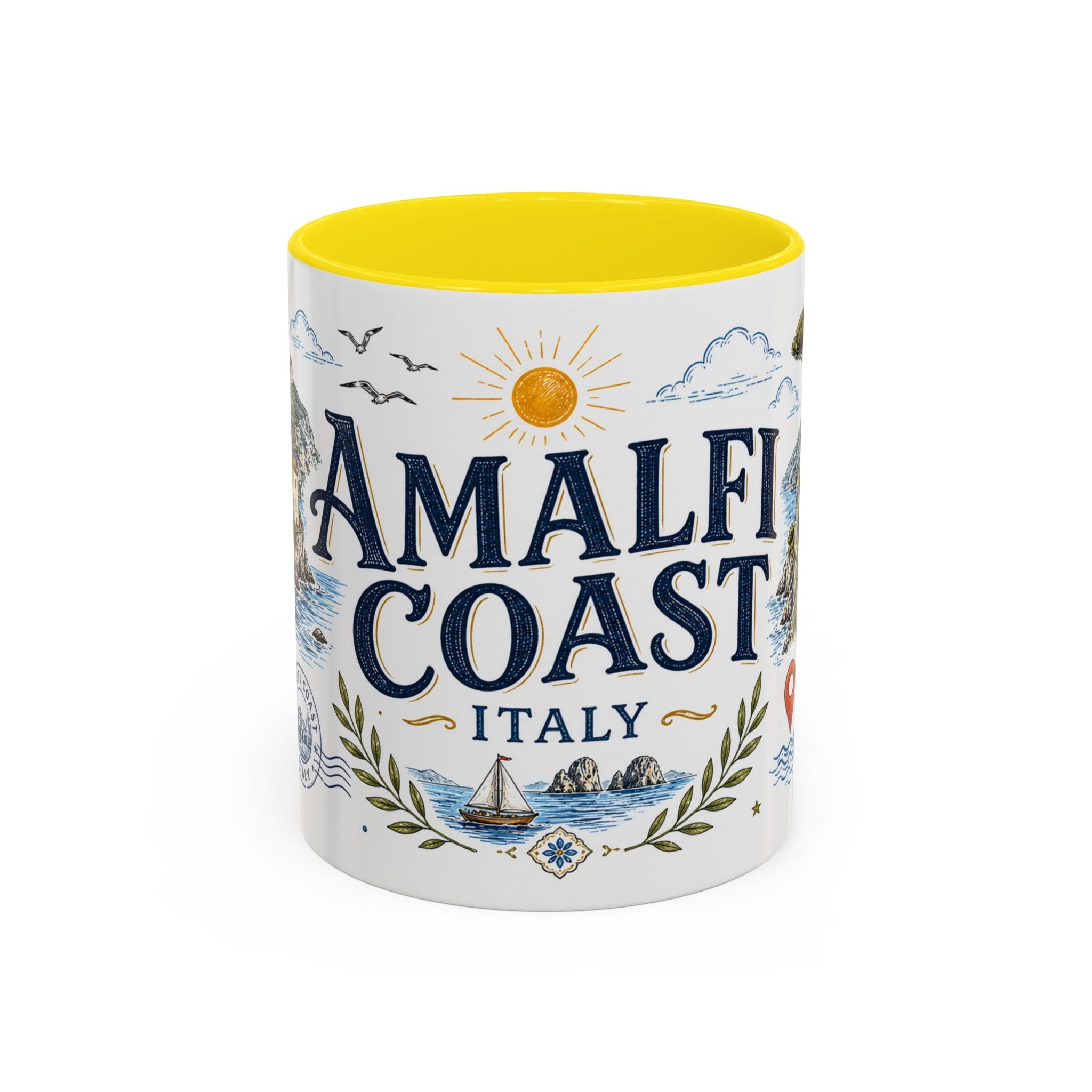 Amalfi Coast Coffee Mug | Travel Destination Souvenir Gift | Accent Color Ceramic 11oz 15oz