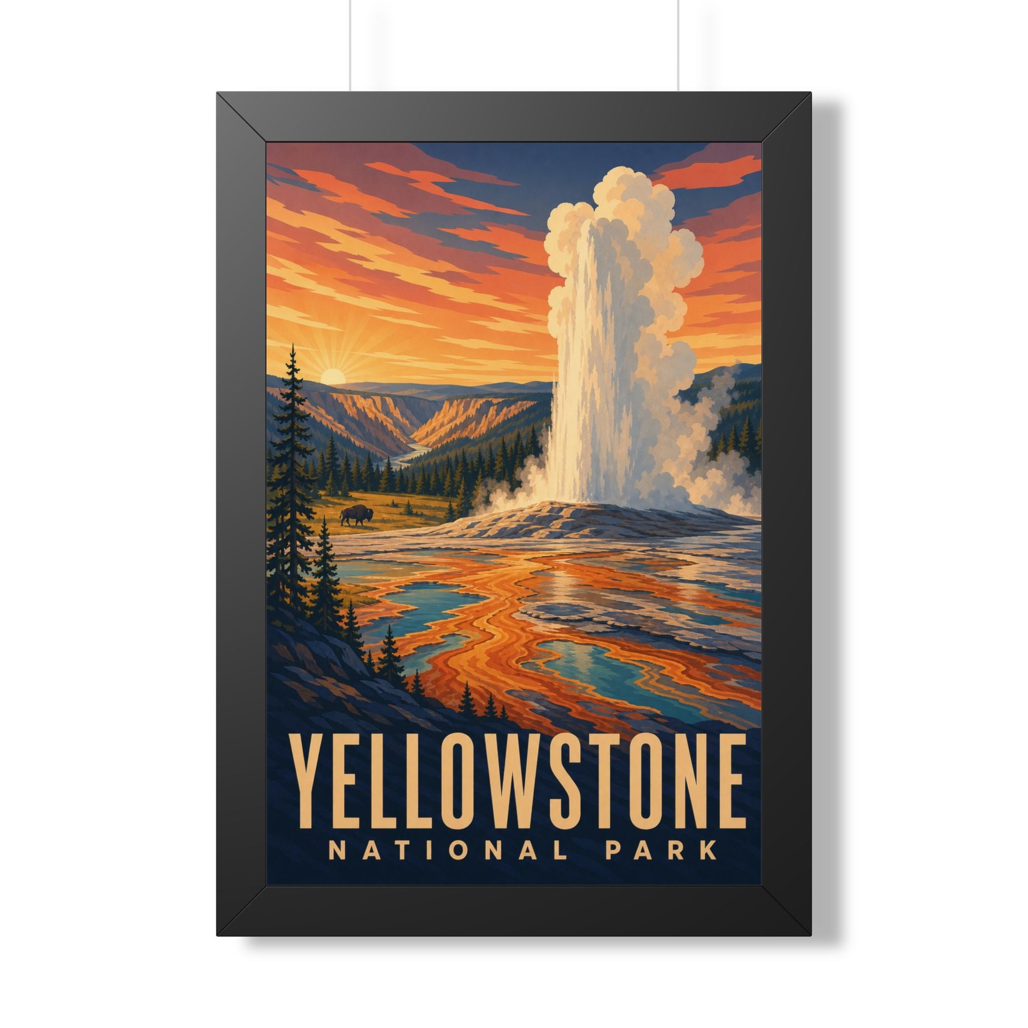 Yellowstone National Park Framed Poster | Vintage Travel Wall Art | Black Walnut White Frame | 16x24 20x30