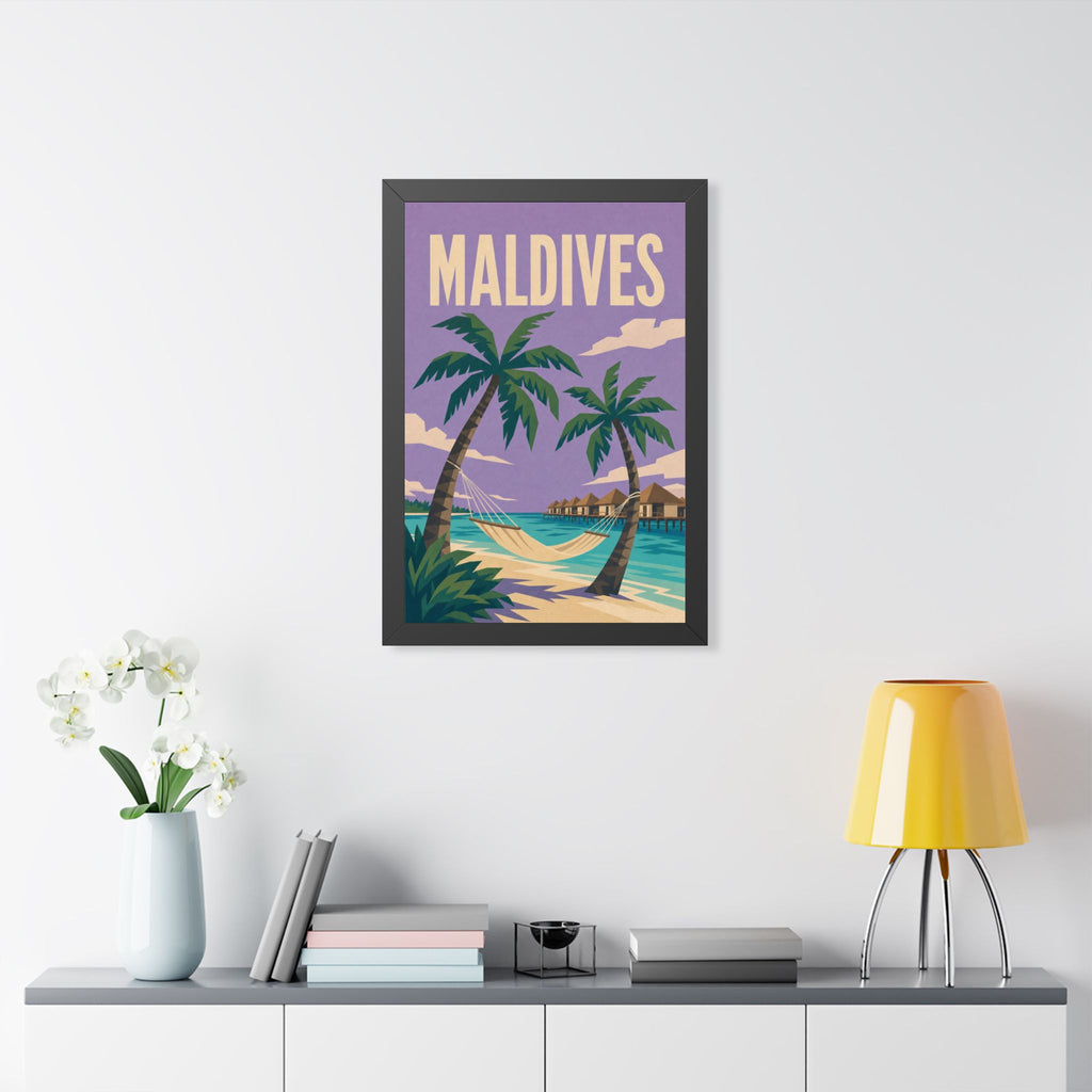 Maldives Beach Maldives Framed Poster | Vintage Travel Wall Art | Black Walnut White Frame | 16x24 20x30