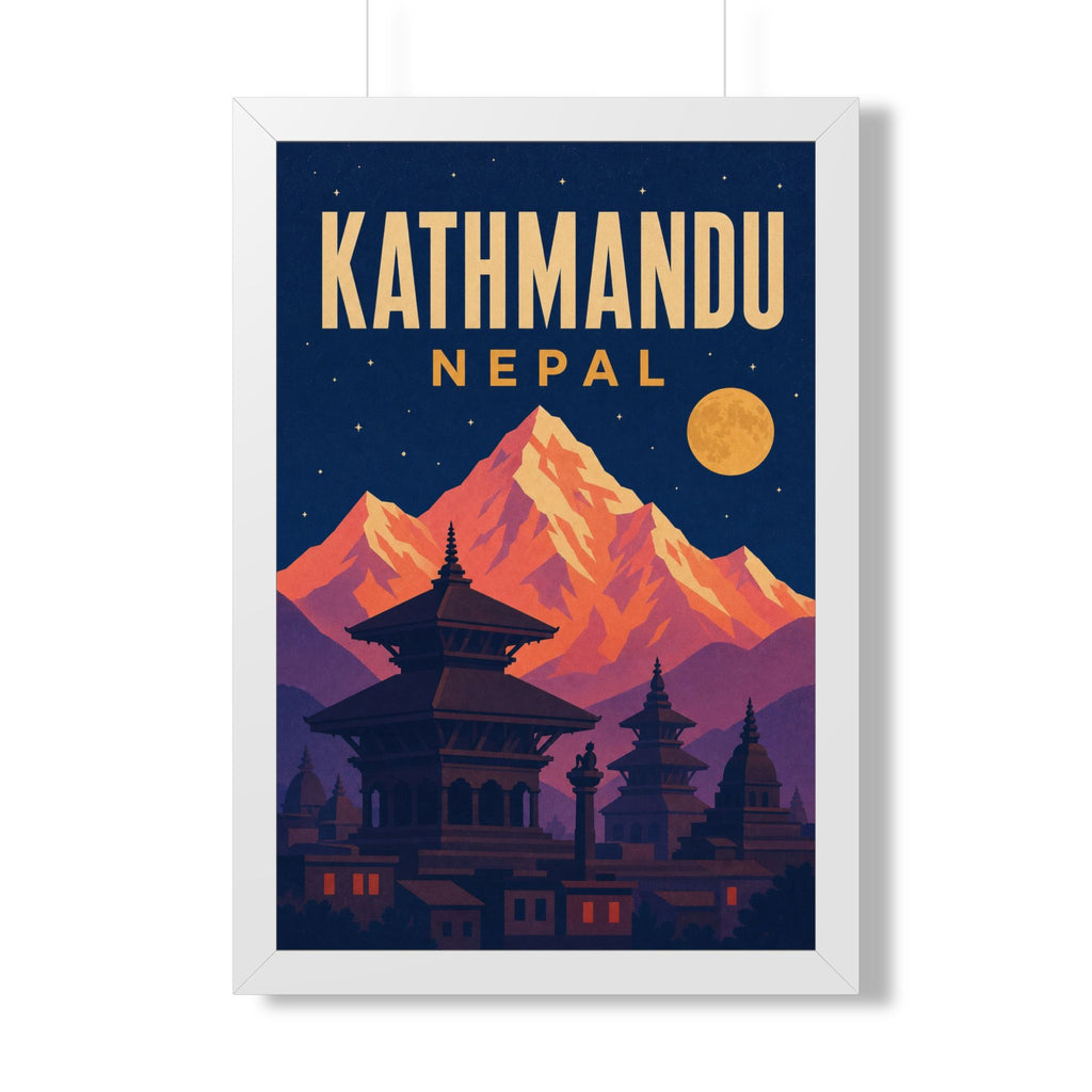 Kathmandu Nepal Framed Poster | Vintage Travel Wall Art | Black Walnut White Frame | 16x24 20x30