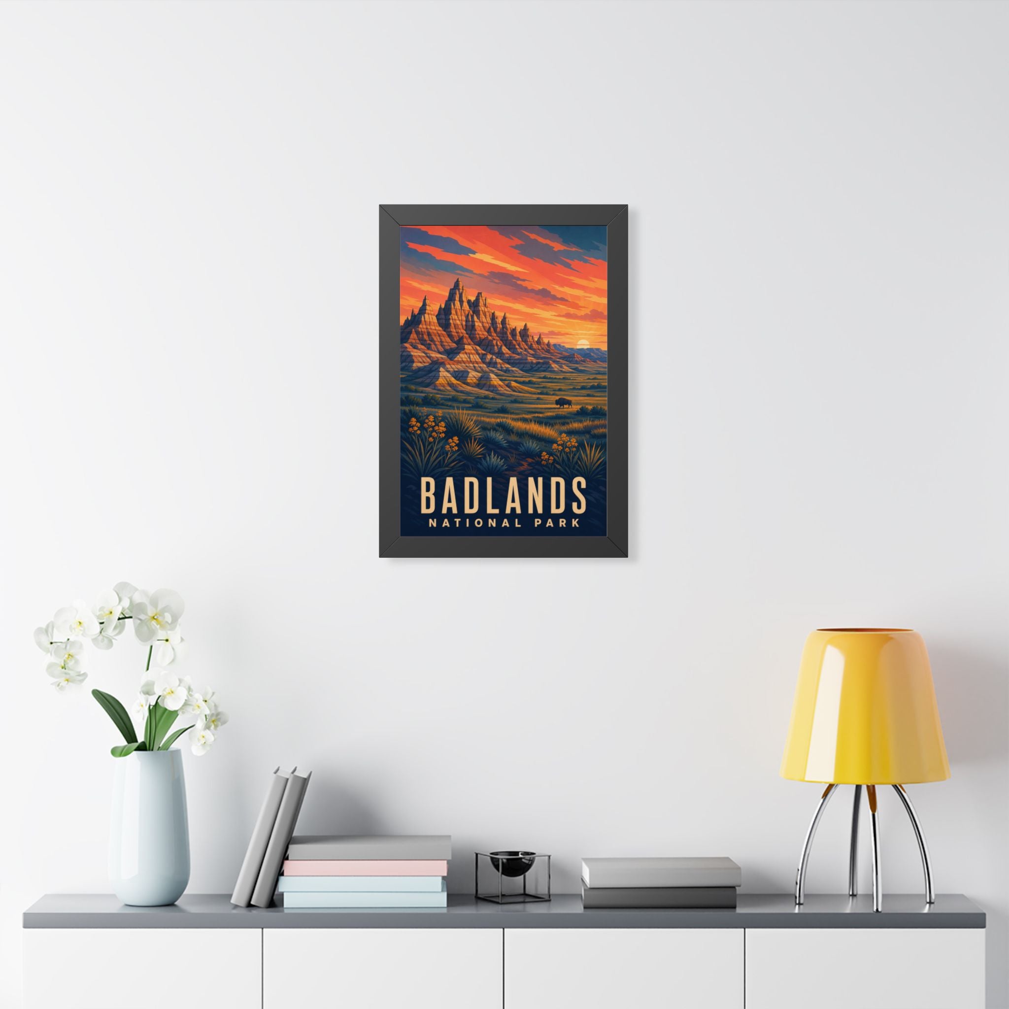 Badlands National Park Framed Poster | Vintage Travel Wall Art | Black Walnut White Frame | 16x24 20x30