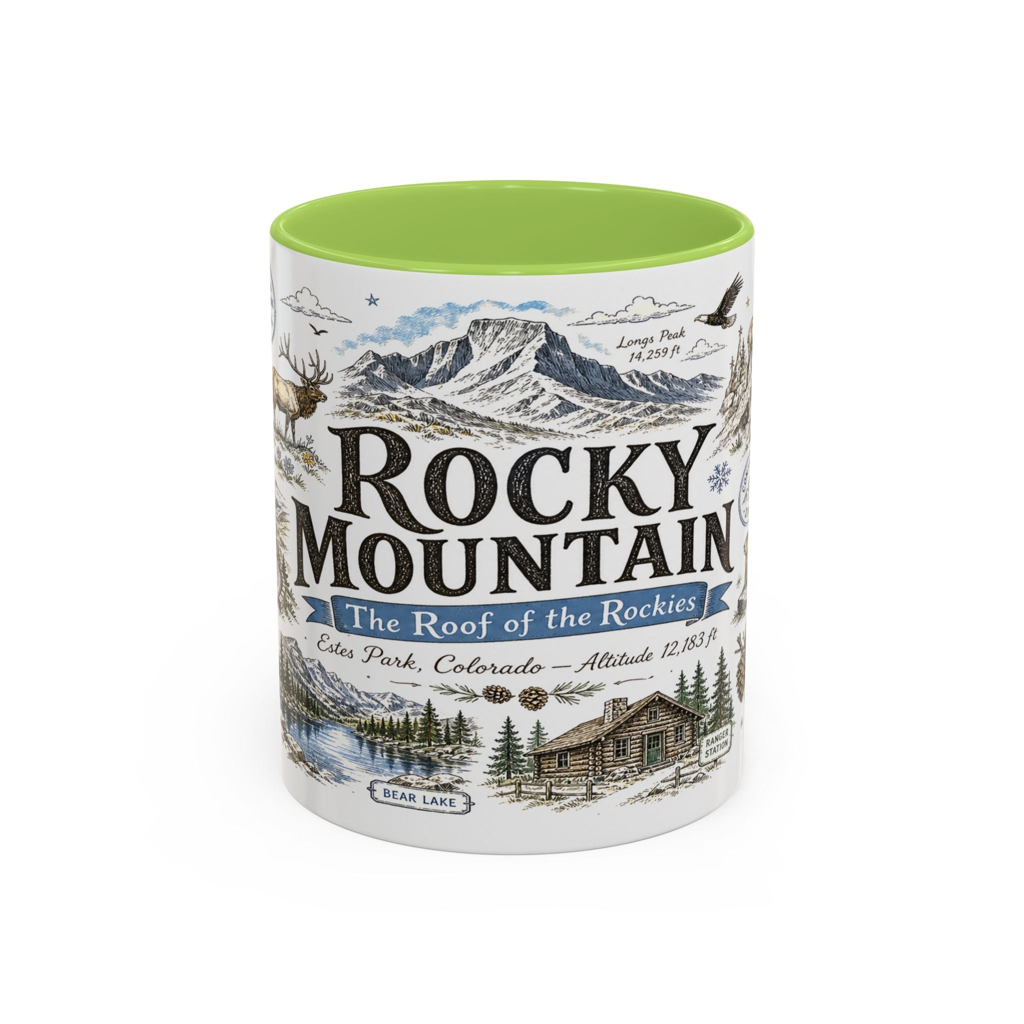 Rocky Mountain Coffee Mug | National Park Hiking Camping Gift | Accent Color Ceramic 11oz 15oz