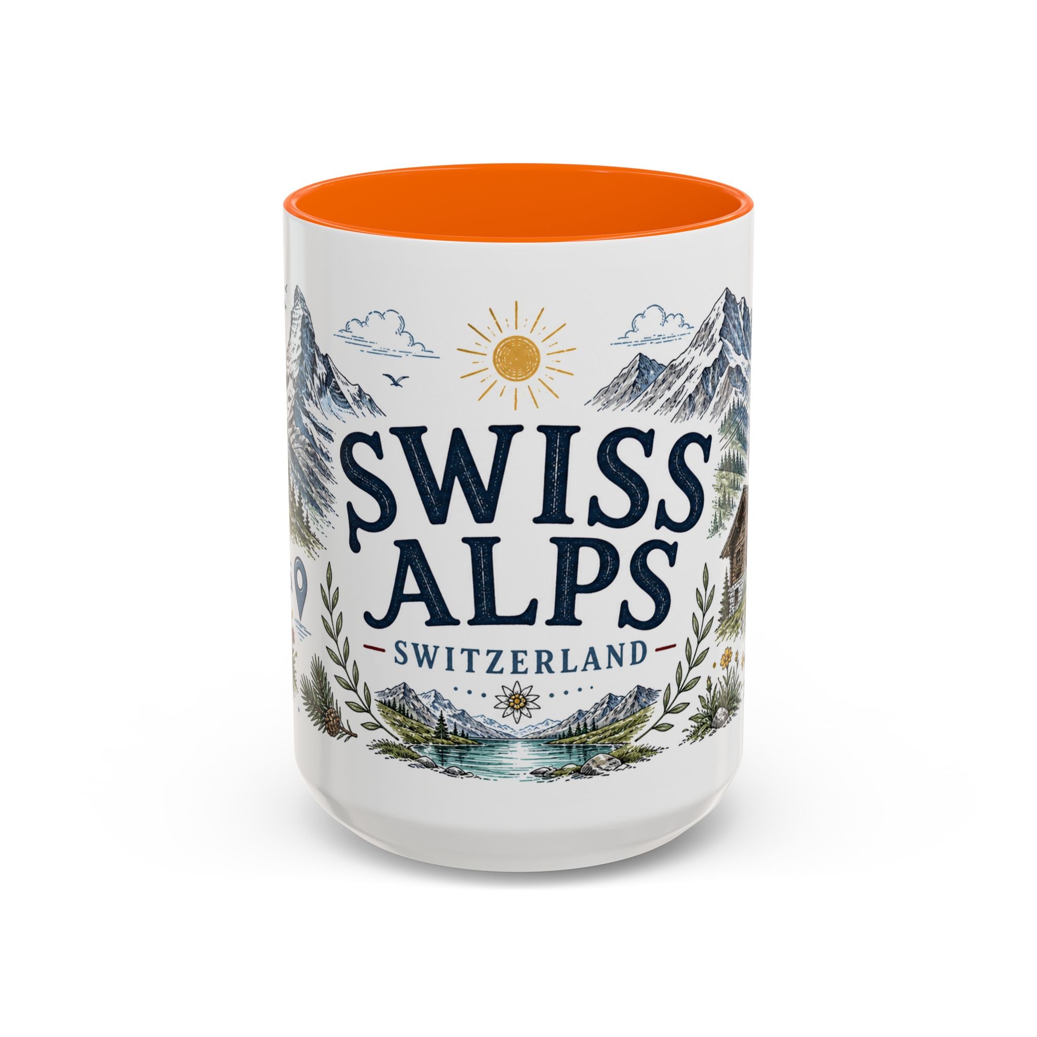 Swiss Alps Coffee Mug | Travel Destination Souvenir Gift | Accent Color Ceramic 11oz 15oz
