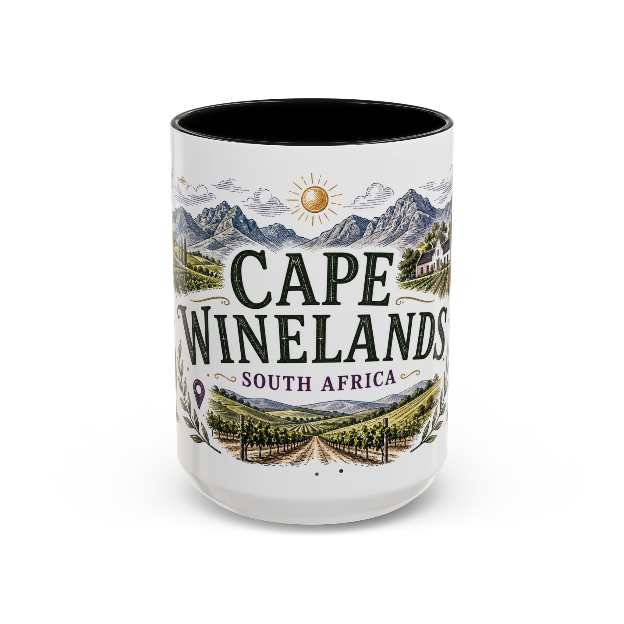 Cape Winelands Coffee Mug | Travel Destination Souvenir Gift | Accent Color Ceramic 11oz 15oz