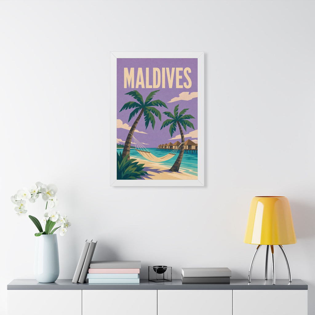 Maldives Beach Maldives Framed Poster | Vintage Travel Wall Art | Black Walnut White Frame | 16x24 20x30