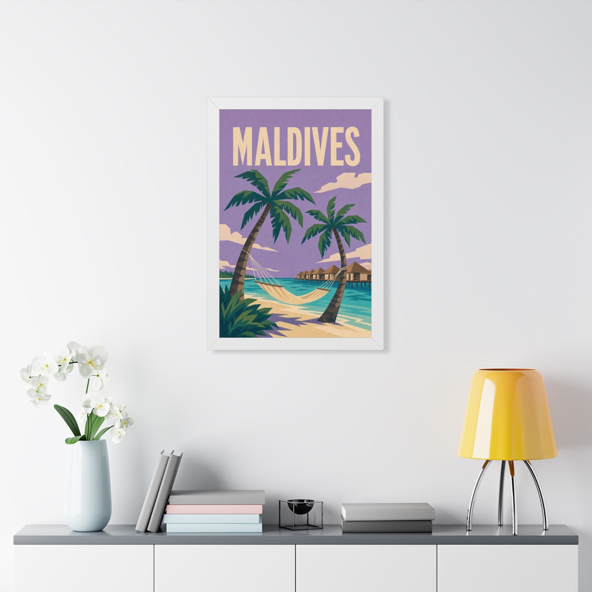 Maldives Beach Maldives Framed Poster | Vintage Travel Wall Art | Black Walnut White Frame | 16x24 20x30