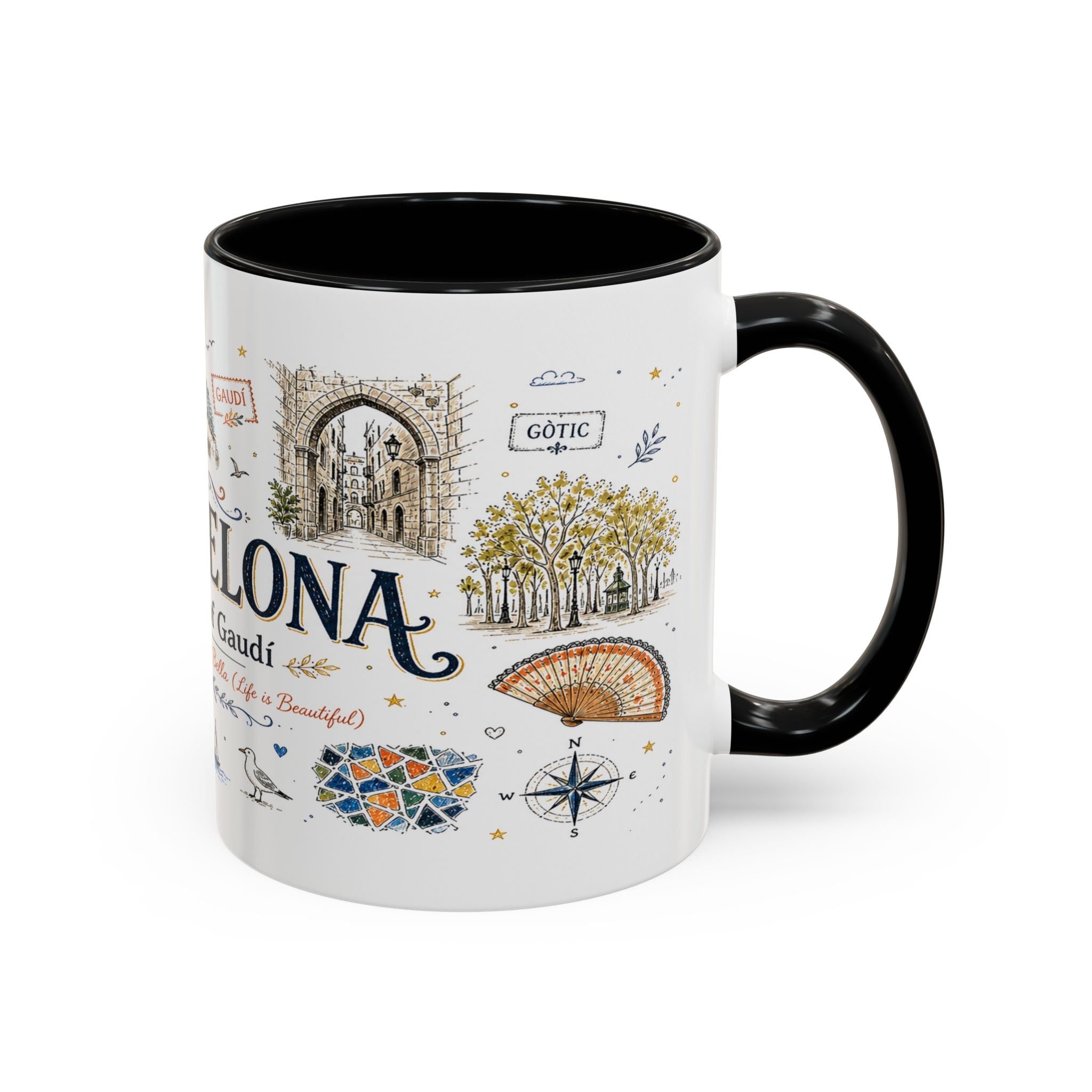Barcelona Coffee Mug | Spain Souvenir Travel Gift | Accent Color Ceramic 11oz 15oz