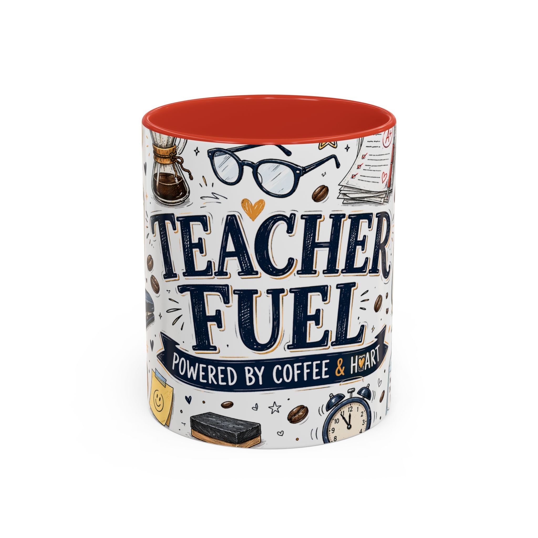 Teacher Fuel Coffee Mug | Powered by Coffee and Wine Funny Gift | Accent Color Ceramic 11oz 15oz