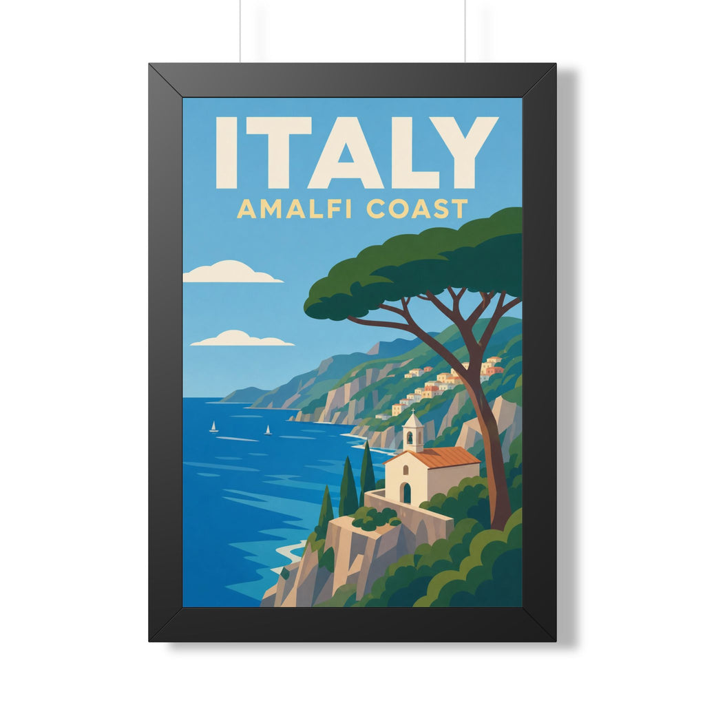 Amalfi Coast Italy Framed Poster | Vintage Travel Wall Art | Black Walnut White Frame | 16x24 20x30