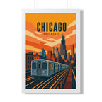 Chicago L Train United States Framed Poster | Vintage Travel Wall Art | Black Walnut White Frame | 16x24 20x30