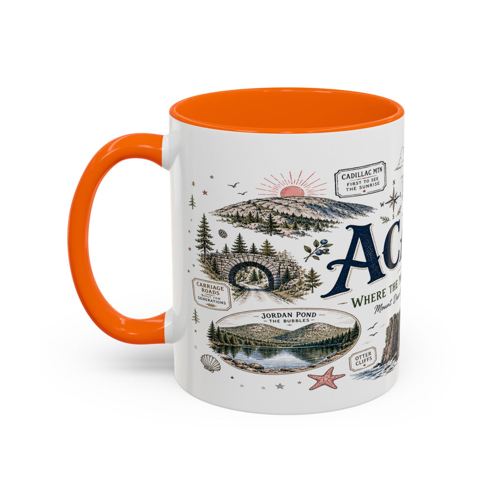 Acadia Coffee Mug | National Park Hiking Coastal Gift | Accent Color Ceramic 11oz 15oz