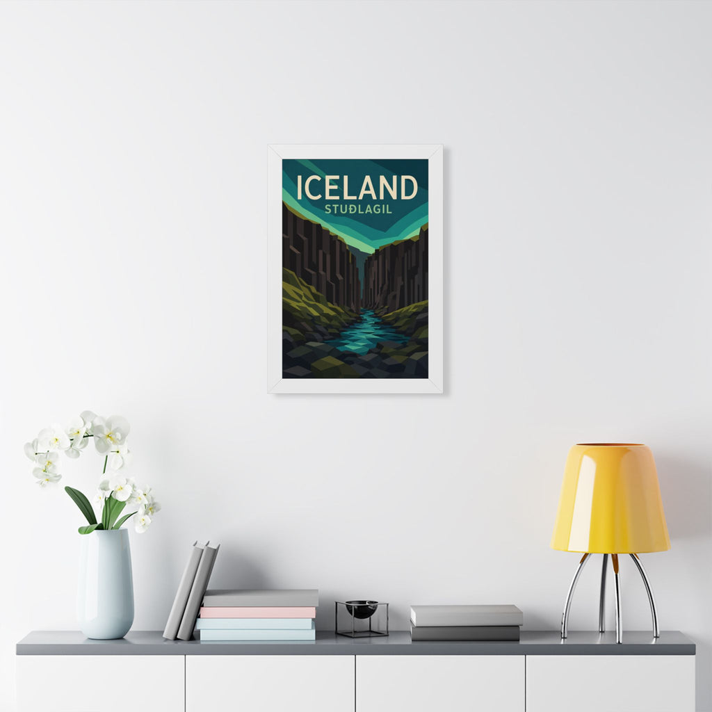 Stuðlagil Canyon Iceland Framed Poster | Vintage Travel Wall Art | Black Walnut White Frame | 16x24 20x30