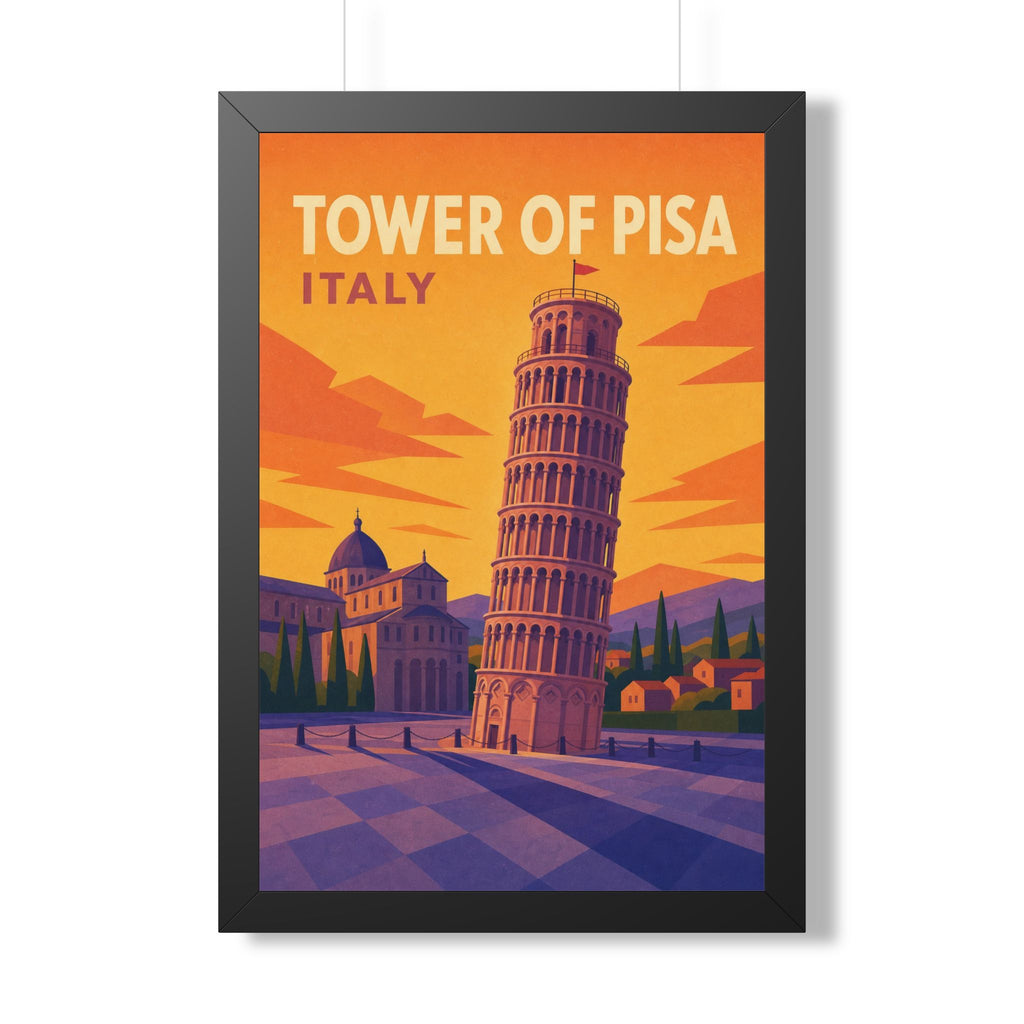 Leaning Tower of Pisa Italy Framed Poster | Vintage Travel Wall Art | Black Walnut White Frame | 16x24 20x30