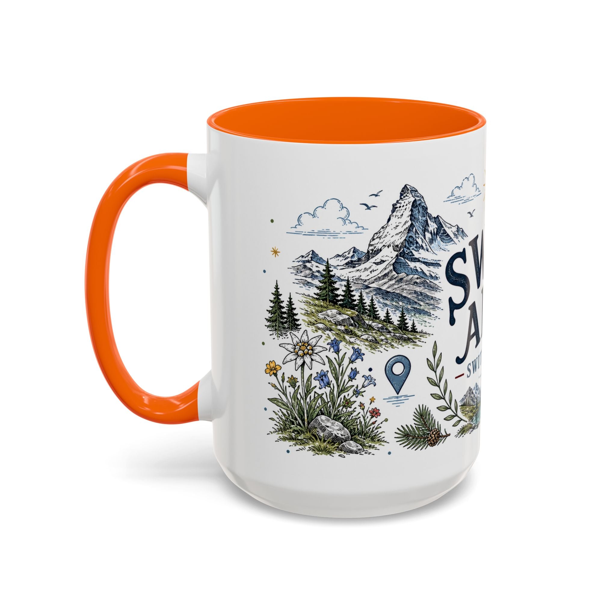 Swiss Alps Coffee Mug | Travel Destination Souvenir Gift | Accent Color Ceramic 11oz 15oz