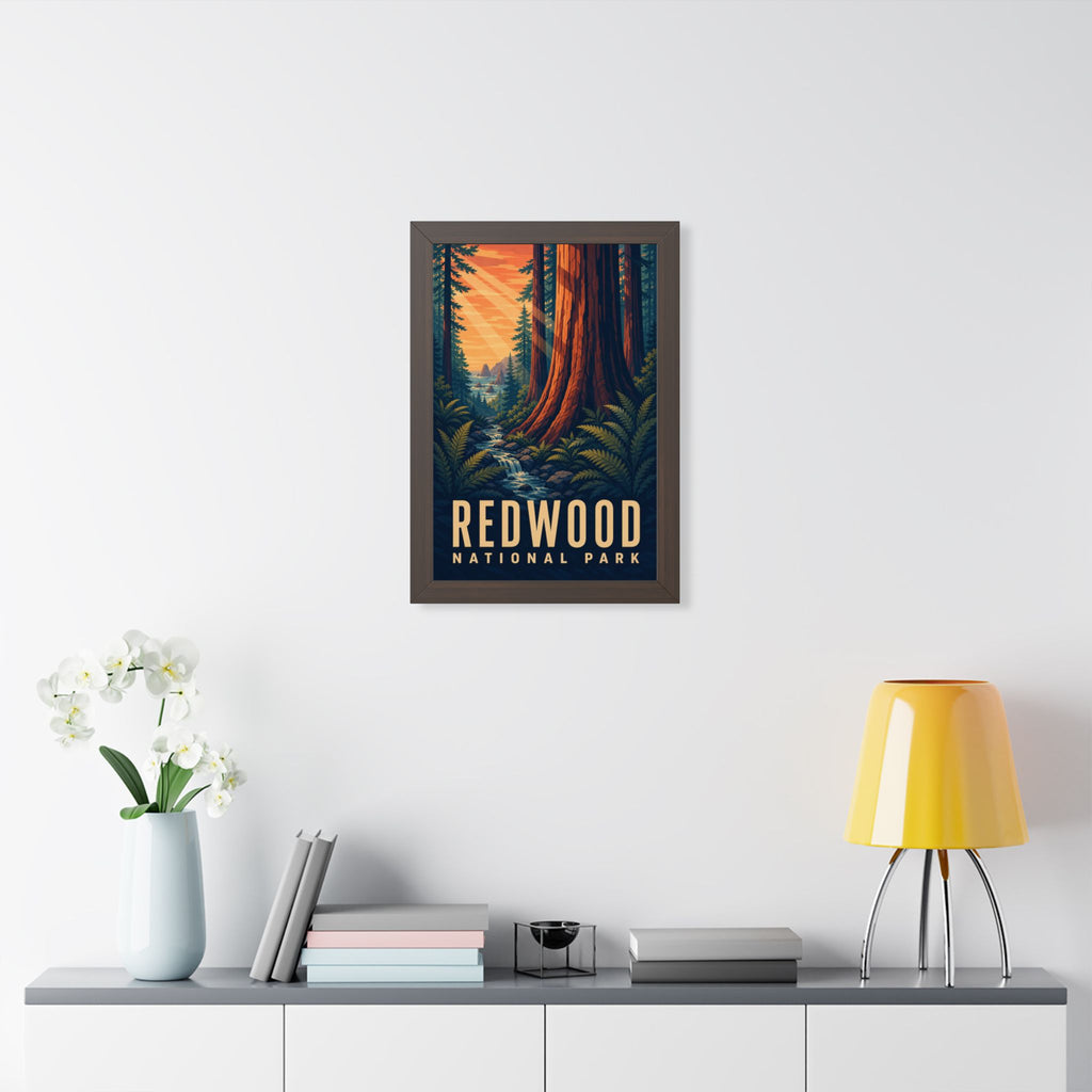 Redwood National Park Framed Poster | Vintage Travel Wall Art | Black Walnut White Frame | 16x24 20x30