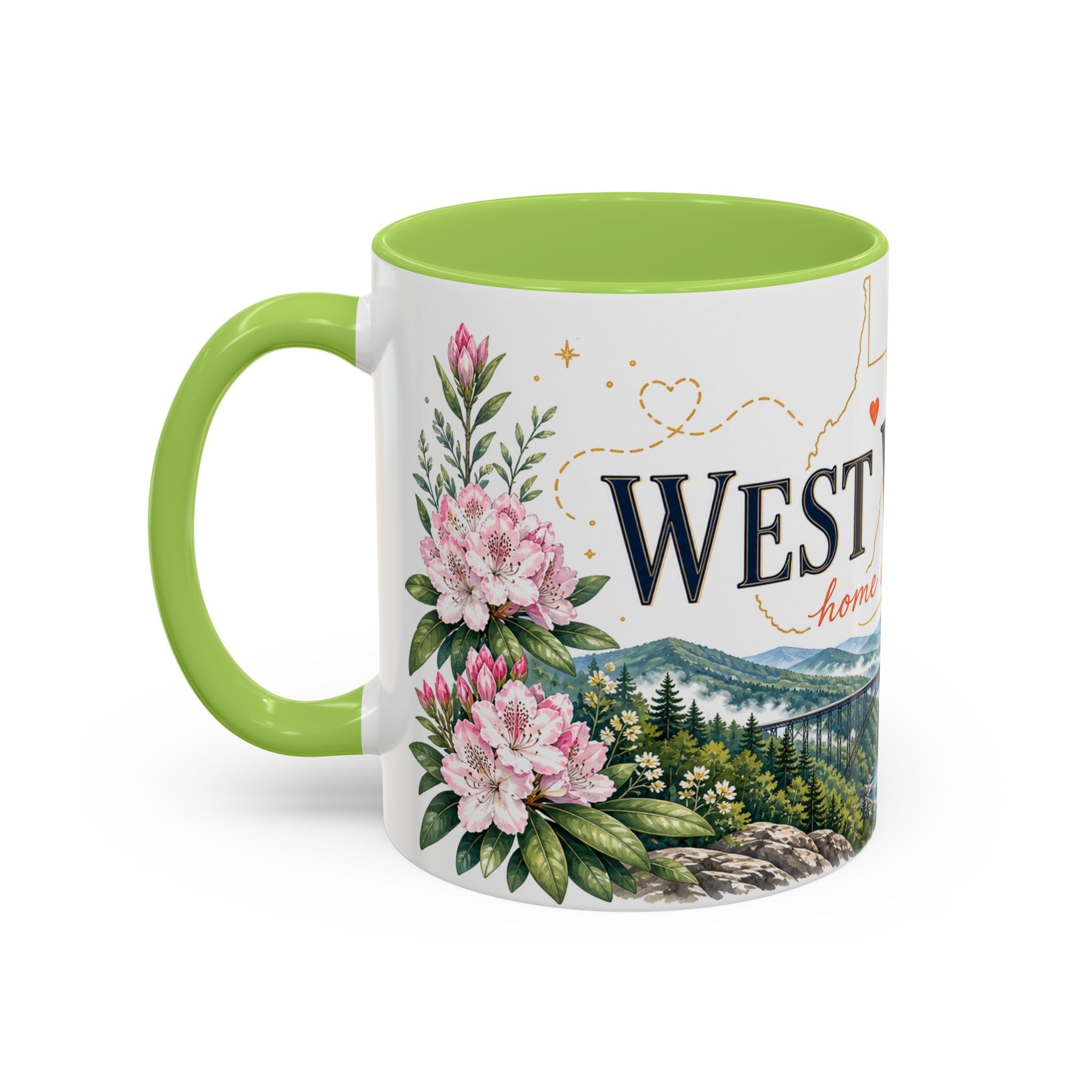 West Virginia State Map Mug | Appalachian Bridge, Rhododendron Accent Coffee Cup