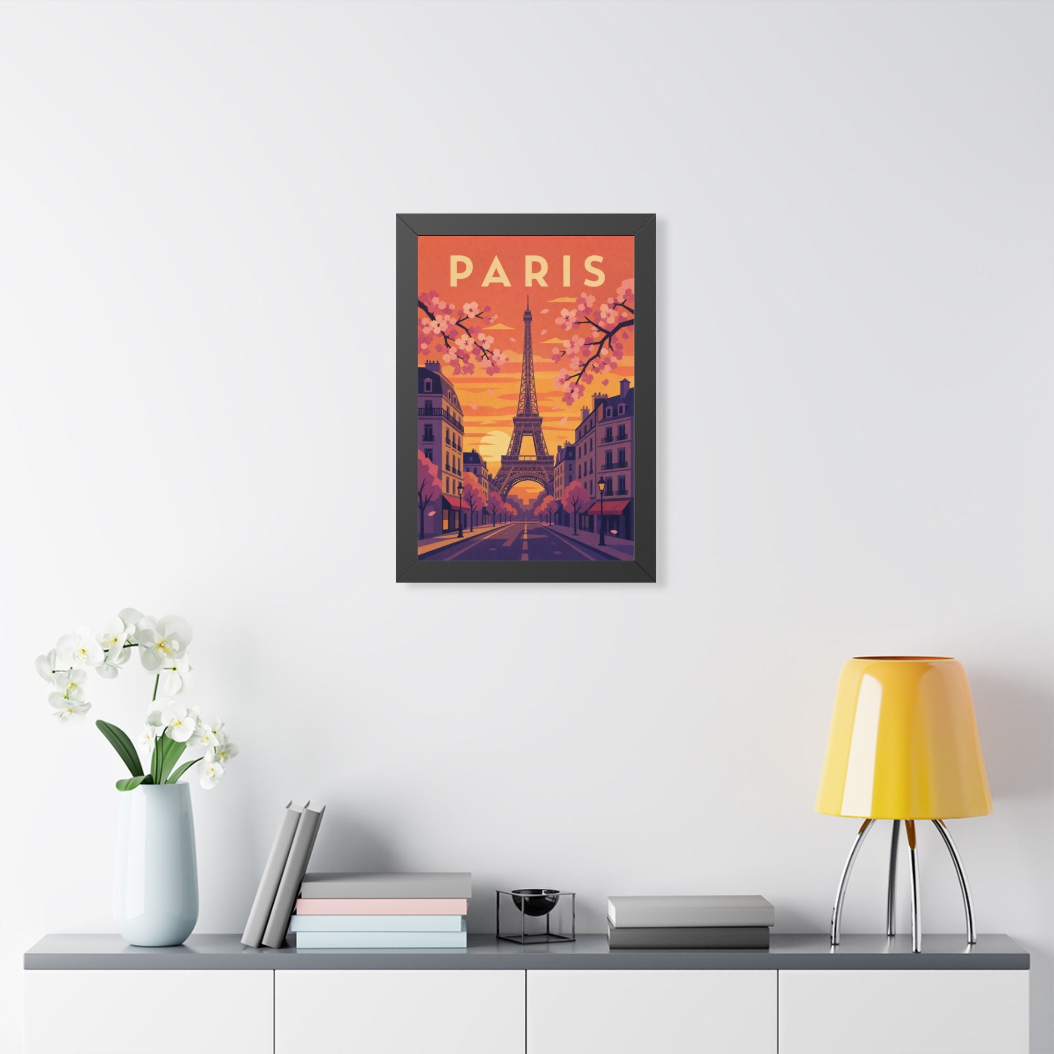 Paris in Spring France Framed Poster | Vintage Travel Wall Art | Black Walnut White Frame | 16x24 20x30