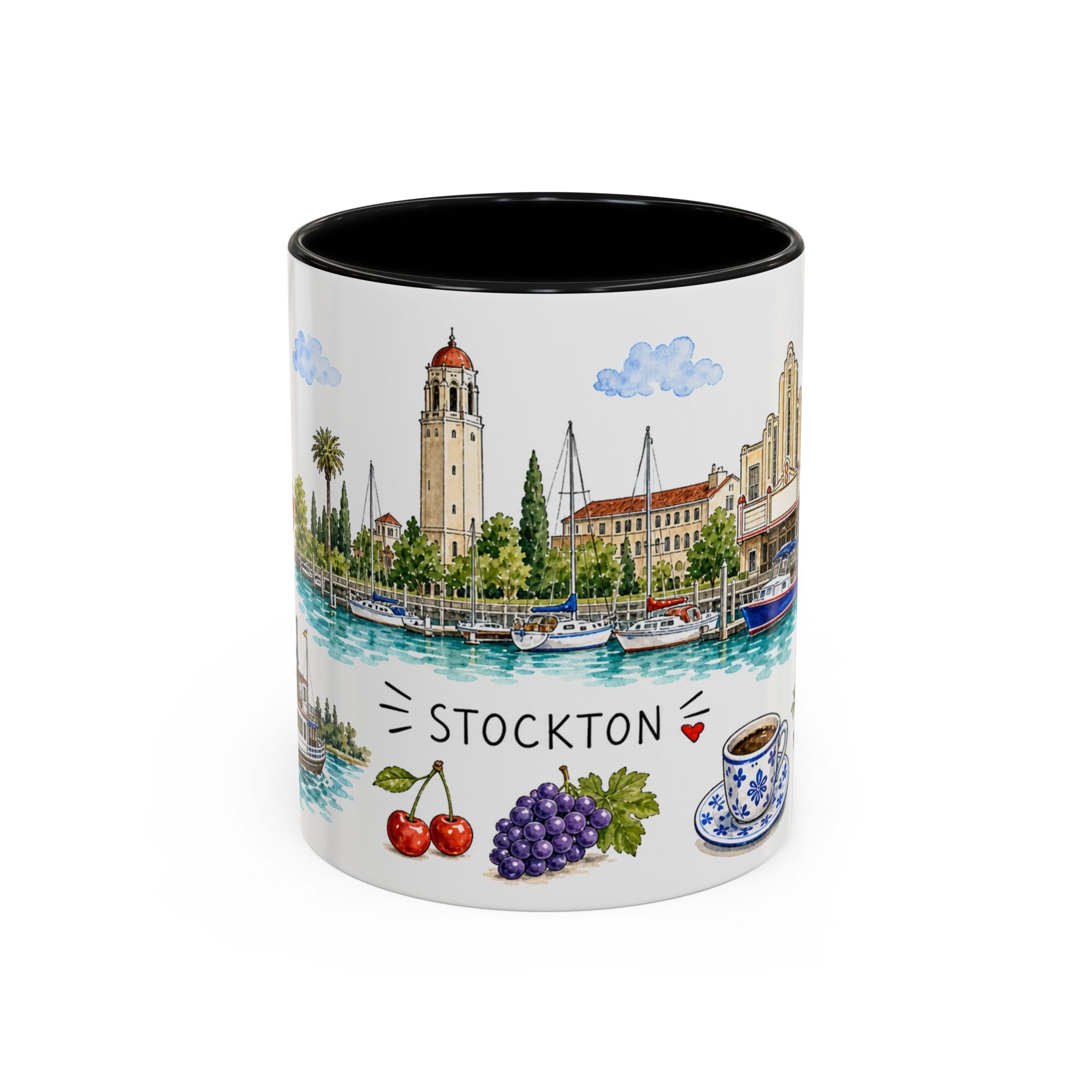 Stockton Illustrated Travel Mug | City Souvenir Accent Coffee Mug | 11oz 15oz Ceramic Cup