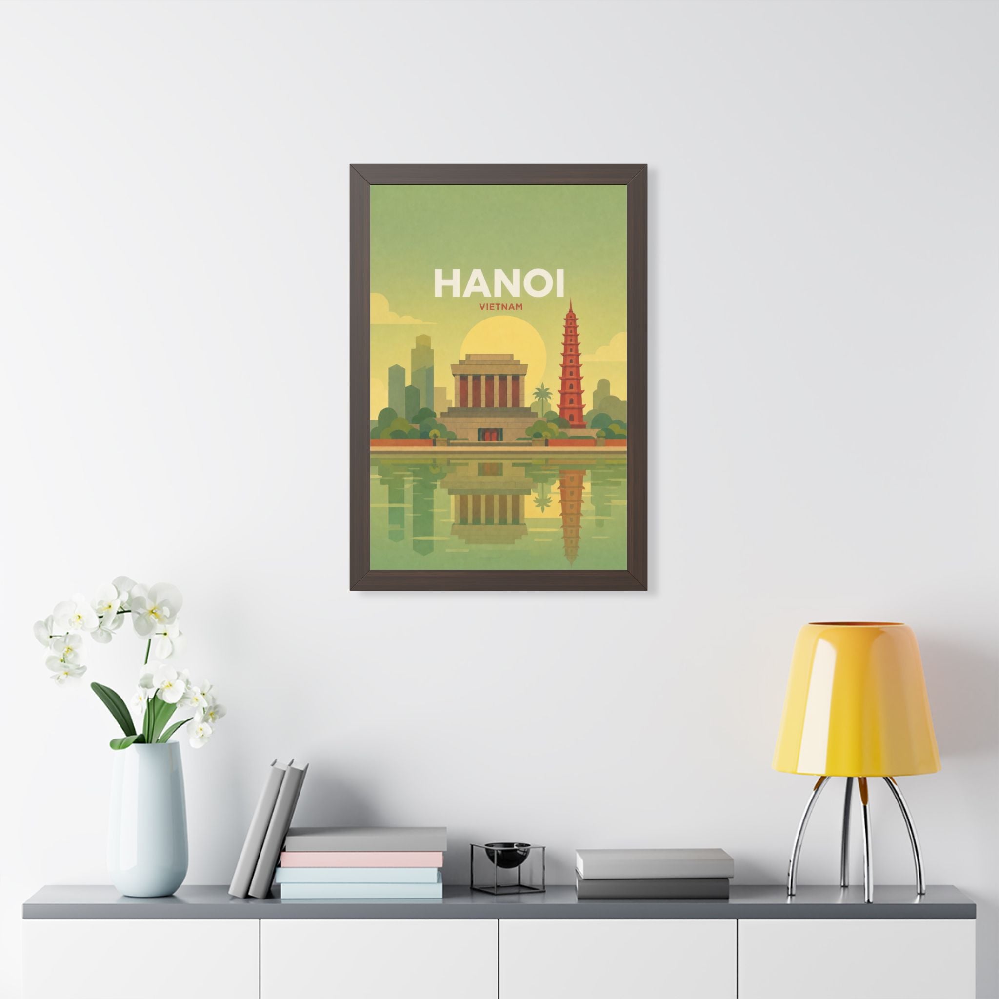 Hanoi Vietnam Framed Poster | Vintage Travel Wall Art | Black Walnut White Frame | 16x24 20x30