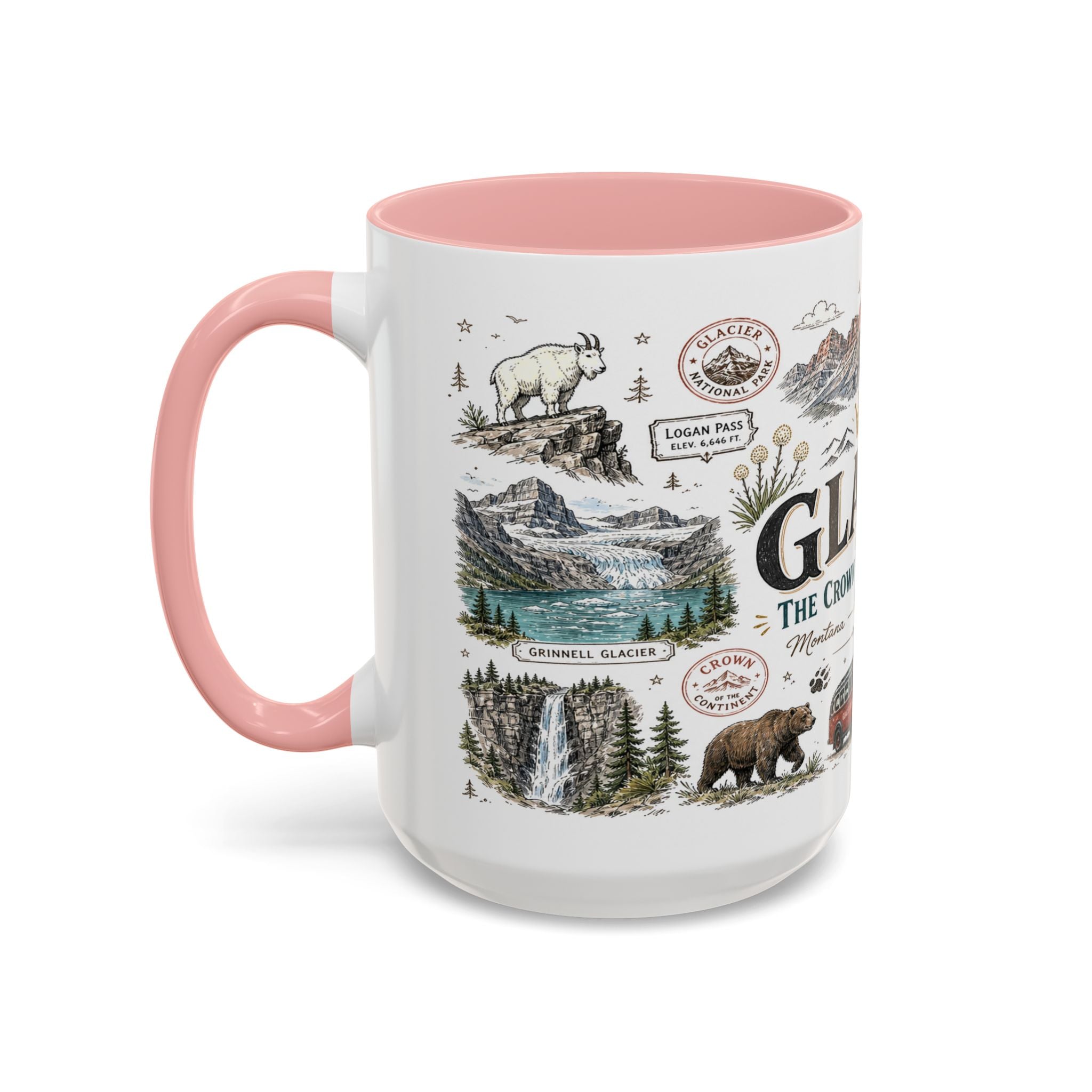 Glacier Coffee Mug | National Park Hiking Montana Gift | Accent Color Ceramic 11oz 15oz