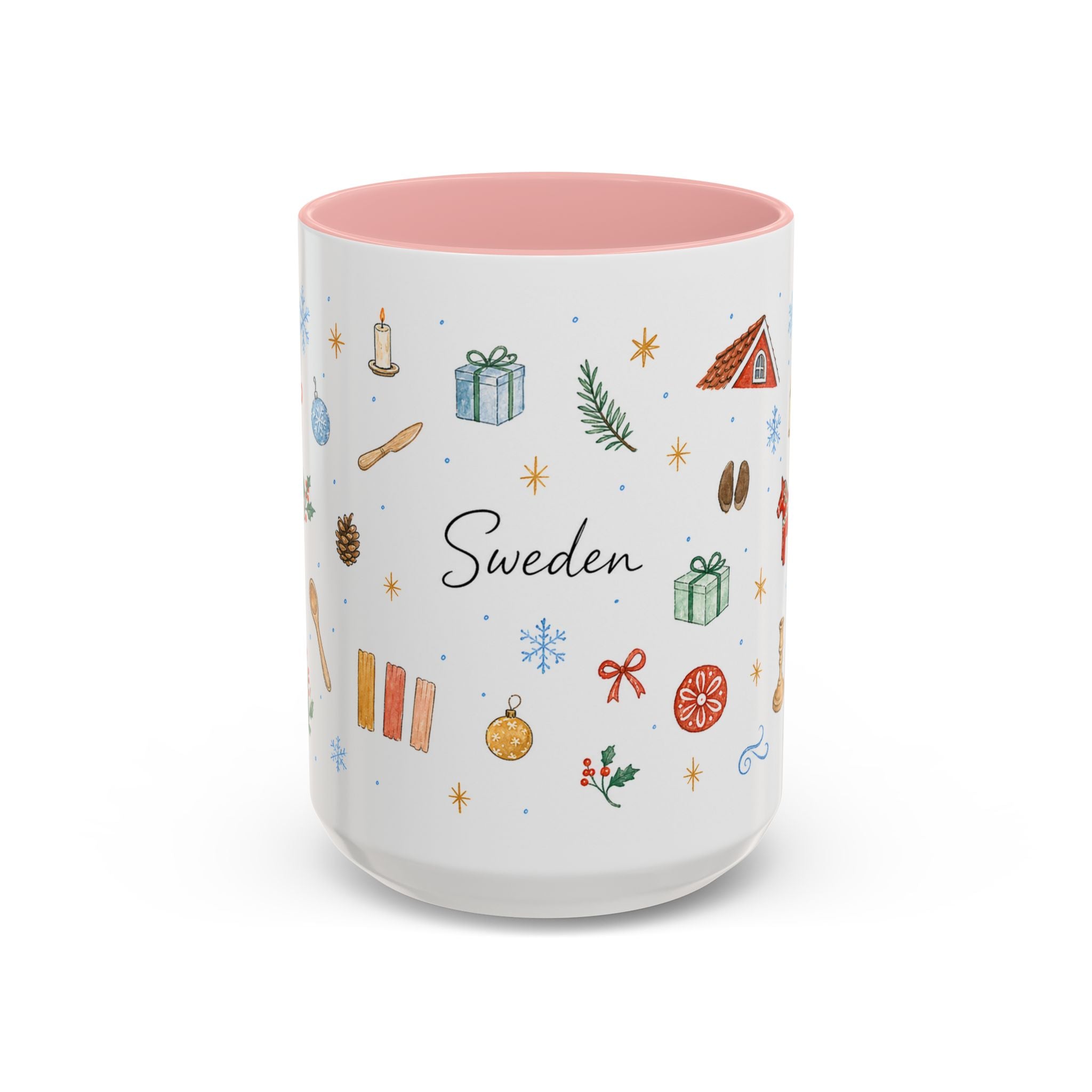 Sweden Christmas Mug | Watercolor Travel Souvenir | Holiday Gift | Accent Ceramic Coffee Cup 11oz 15oz