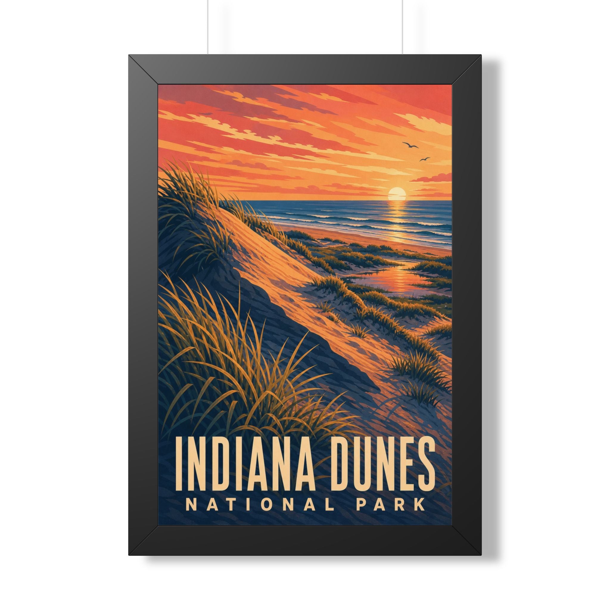 Indiana Dunes National Park Framed Poster | Vintage Travel Wall Art | Black Walnut White Frame | 16x24 20x30