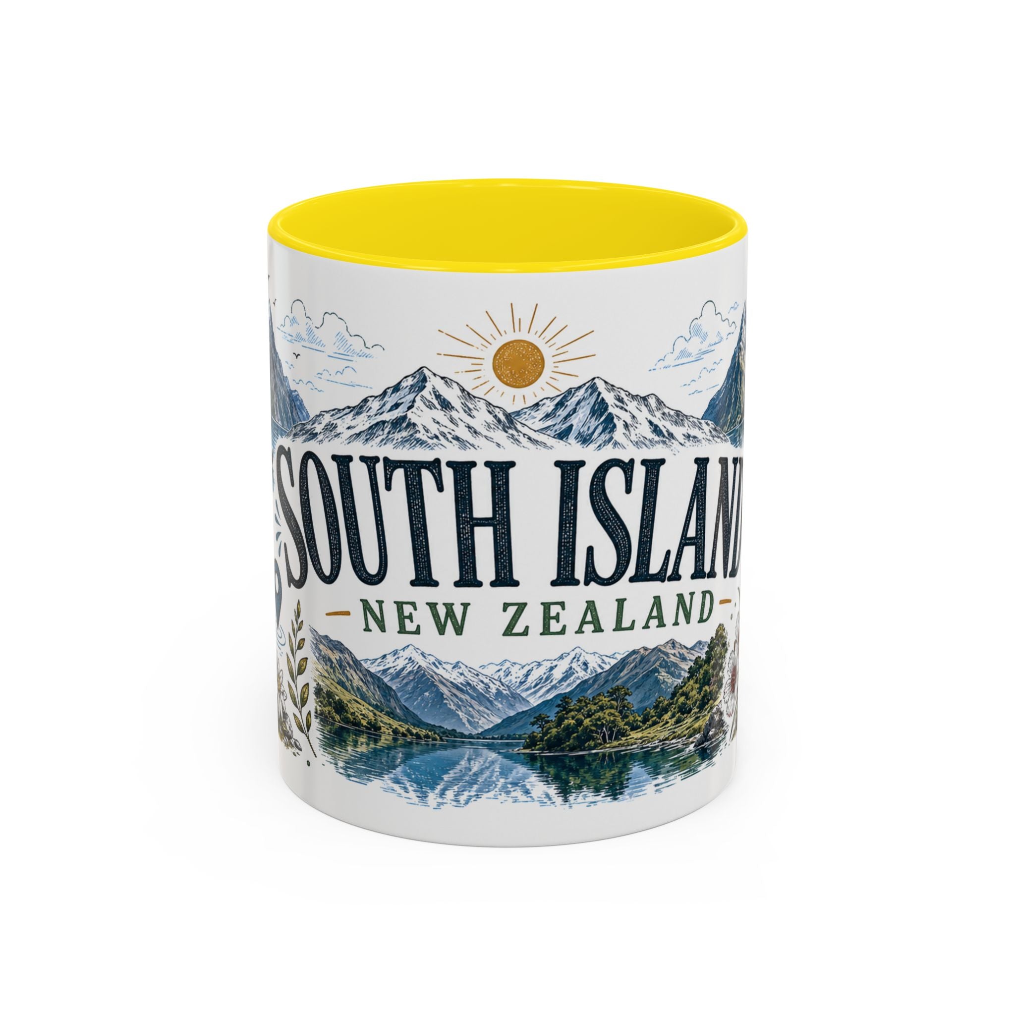 New Zealand South Island Coffee Mug | Travel Destination Souvenir Gift | Accent Color Ceramic 11oz 15oz