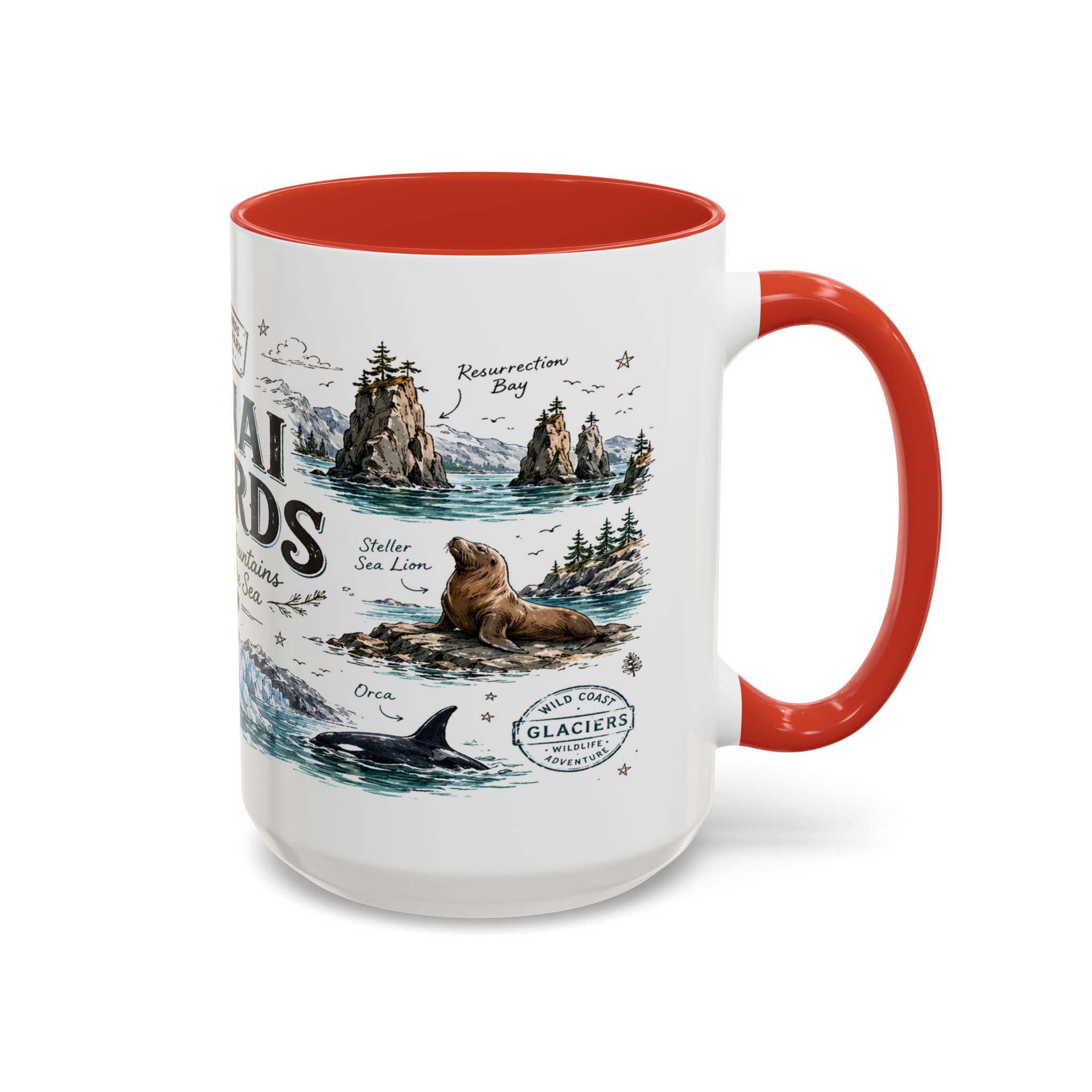Kenai Fjords National Park Coffee Mug | Alaska Coastal Wildlife Hiking Gift | Accent Color Ceramic 11oz 15oz