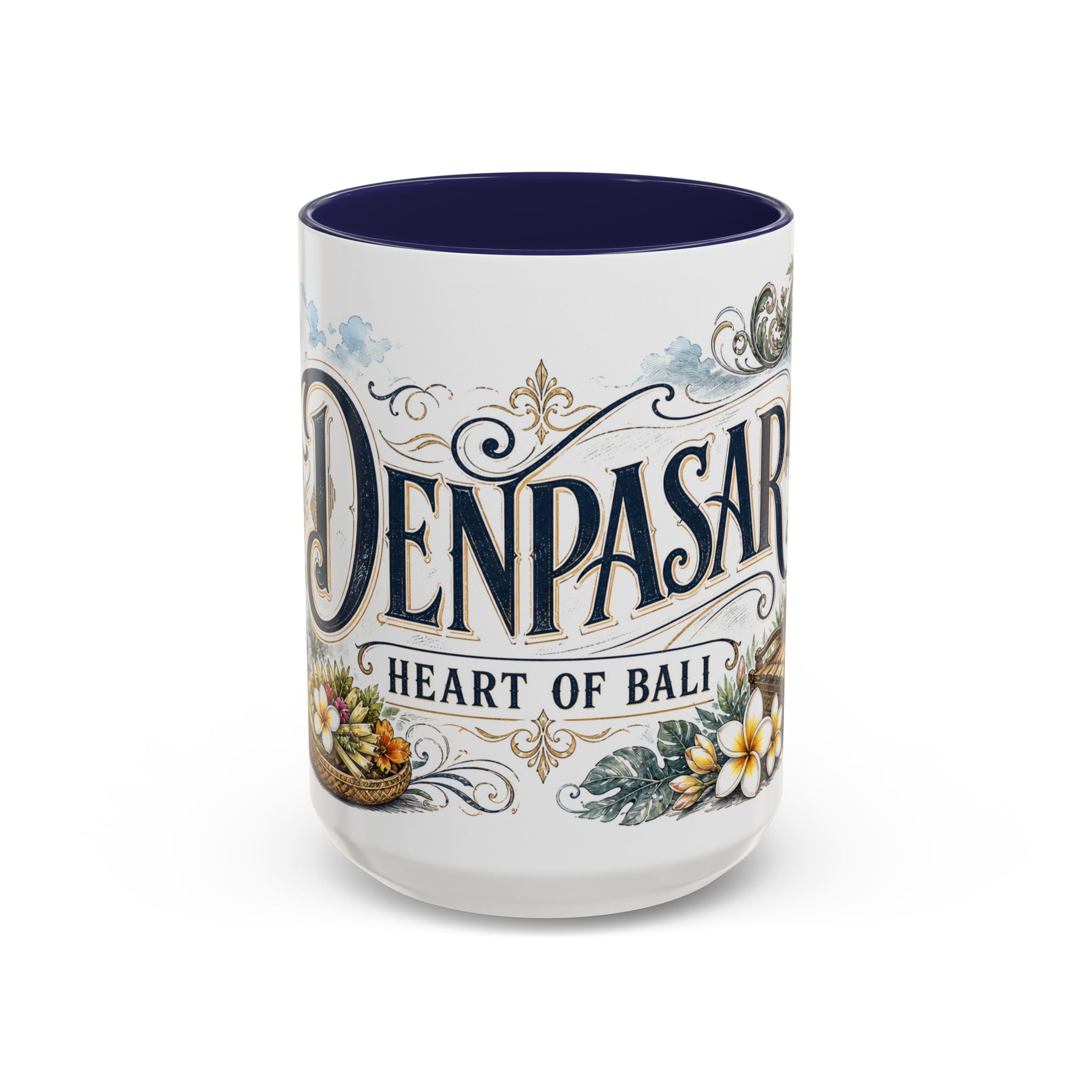 Denpasar Coffee Mug | Indonesia Travel Souvenir | Vintage Illustrated City Gift | 11 oz 15 oz Accent Mug