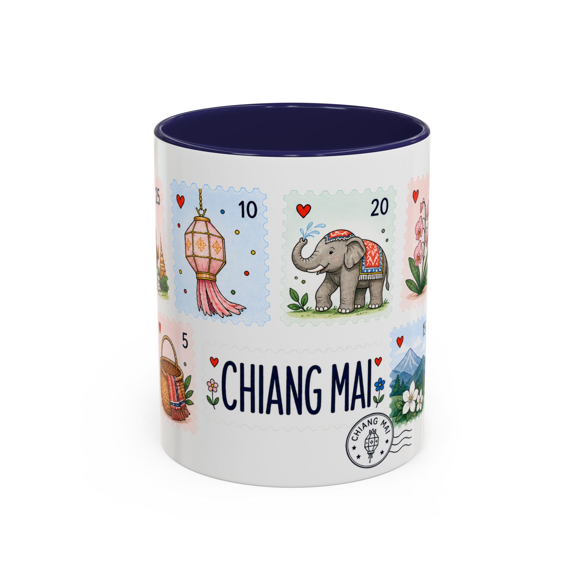 Chiang Mai Coffee Mug | Postage Stamp Collage Mug | Travel Souvenir Accent Cup 11oz 15oz