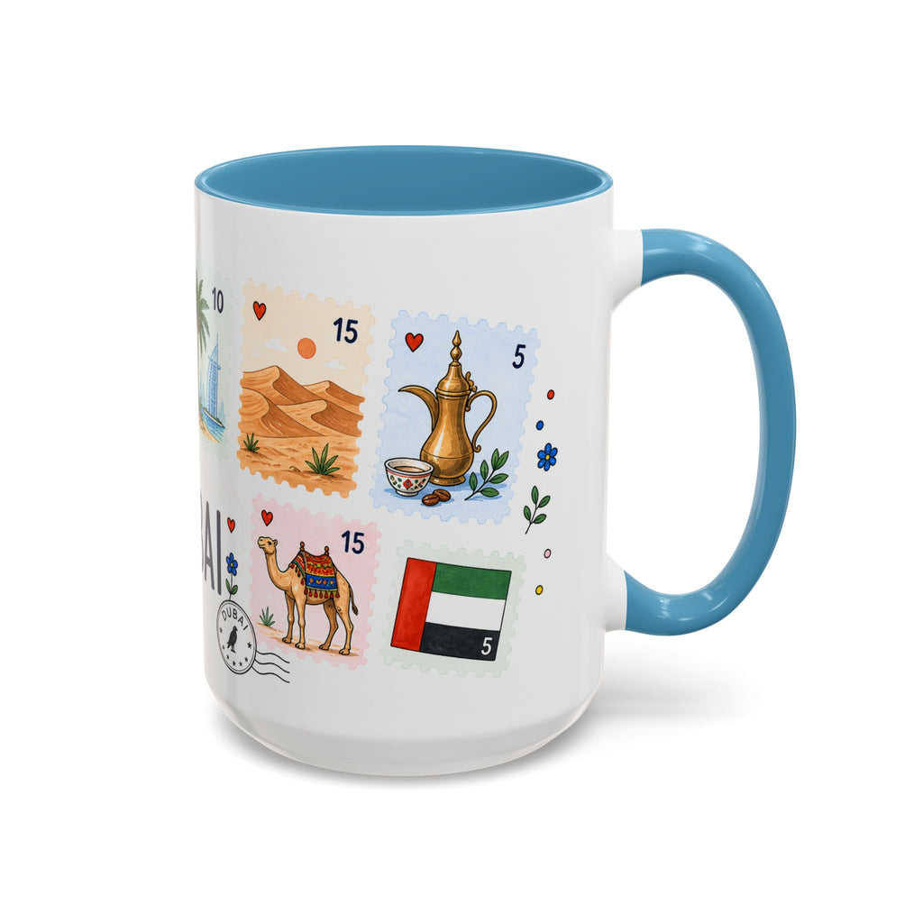 Dubai Coffee Mug | Postage Stamp Collage Mug | Travel Souvenir Accent Cup 11oz 15oz