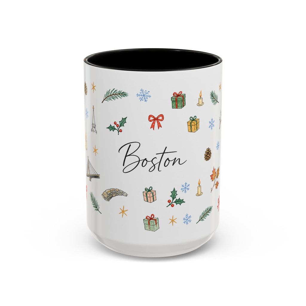 Boston Christmas Mug | Watercolor Travel Souvenir | Holiday Gift | Accent Ceramic Coffee Cup 11oz 15oz