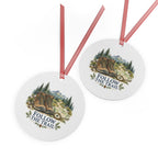 Front and back views of the double-sided round ornament with hiking artwork.