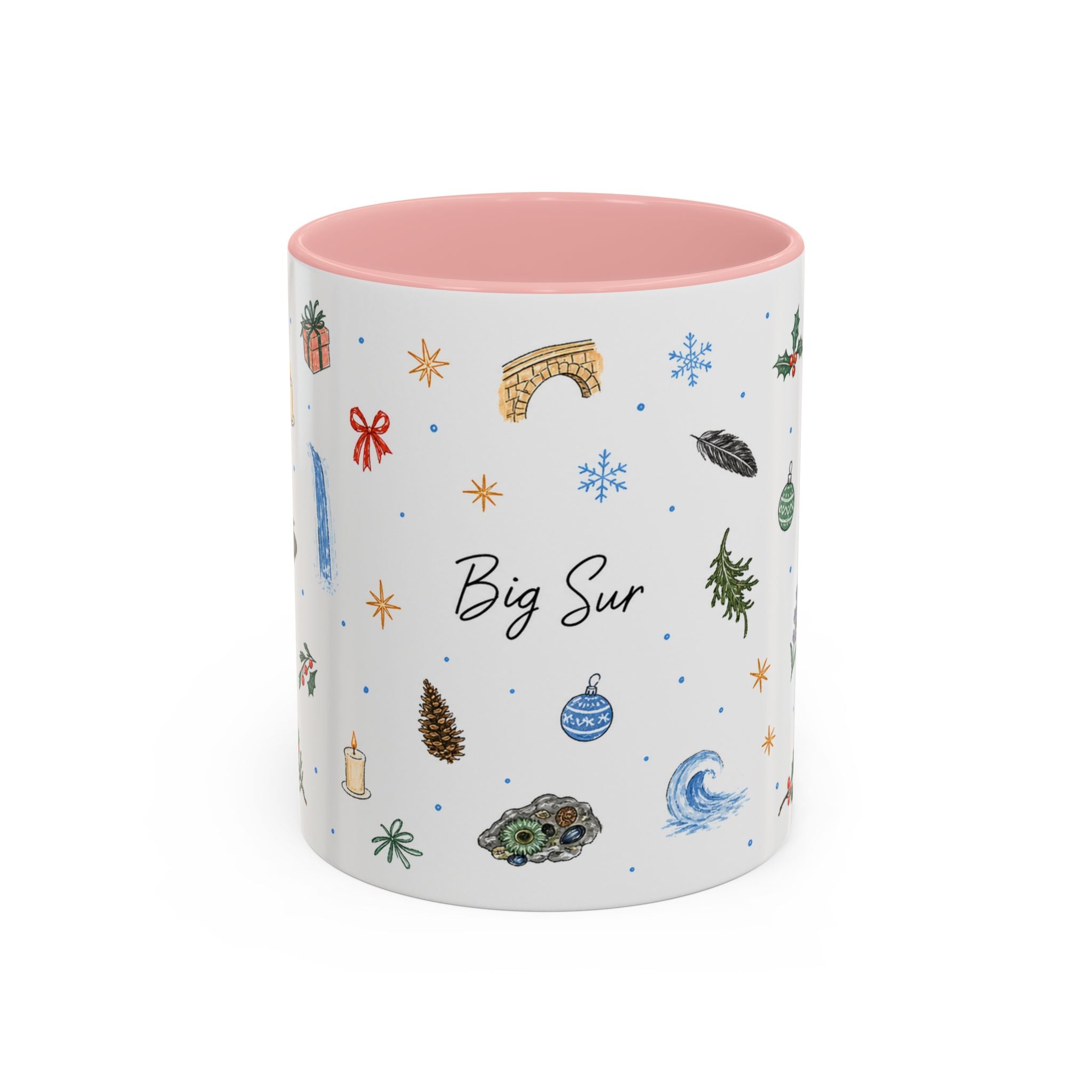 Big Sur Christmas Mug | Watercolor Travel Souvenir | Holiday Gift | Accent Ceramic Coffee Cup 11oz 15oz