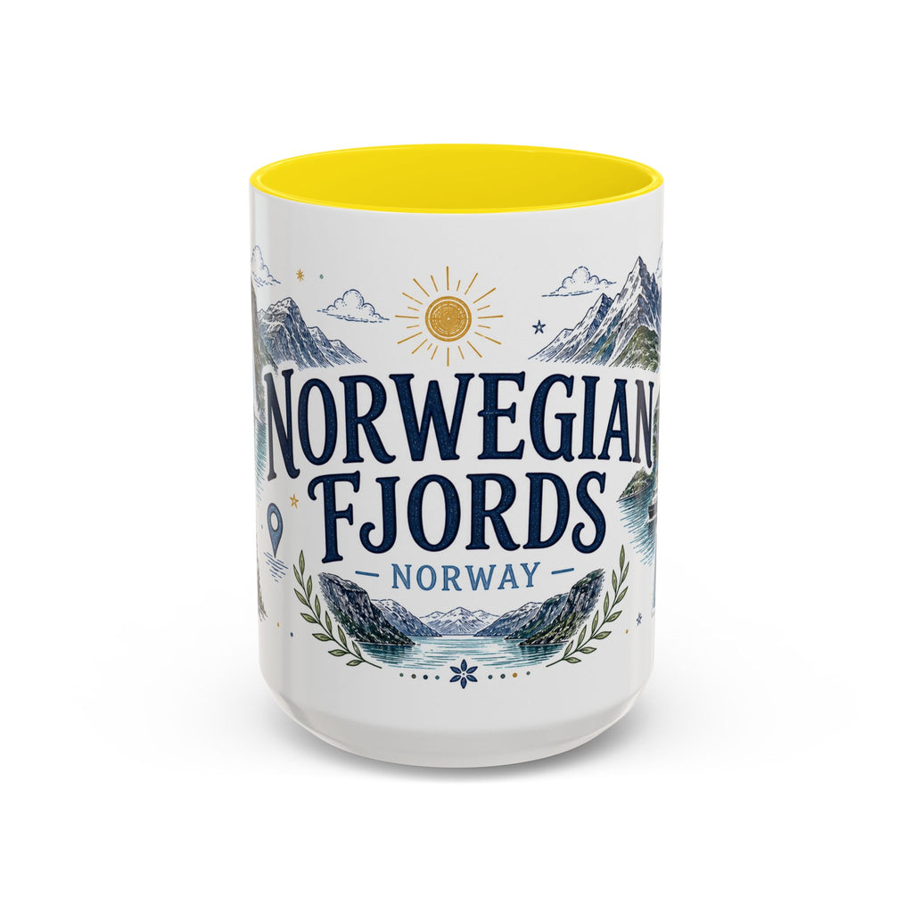 Norwegian Fjords Coffee Mug | Travel Destination Souvenir Gift | Accent Color Ceramic 11oz 15oz