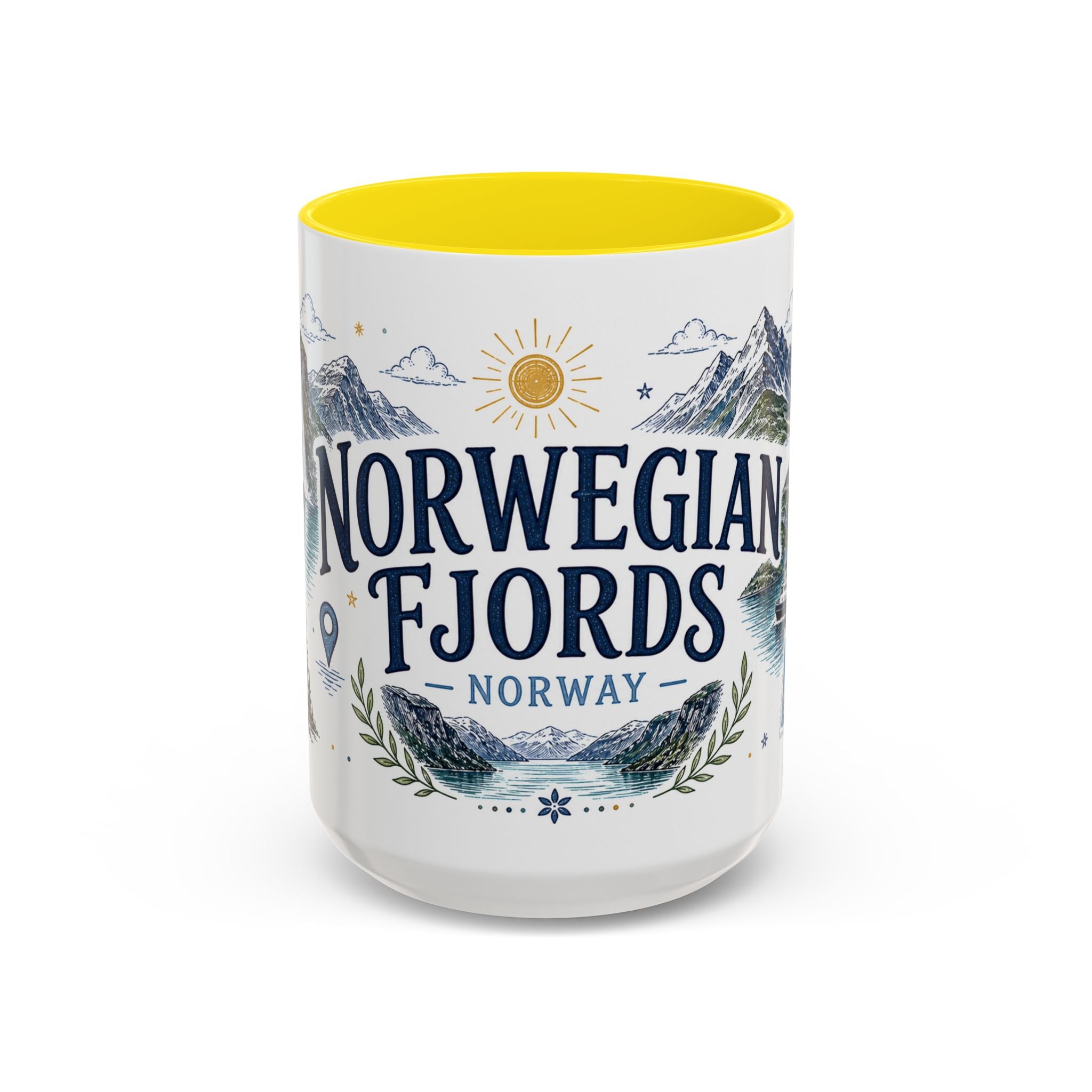 Norwegian Fjords Coffee Mug | Travel Destination Souvenir Gift | Accent Color Ceramic 11oz 15oz