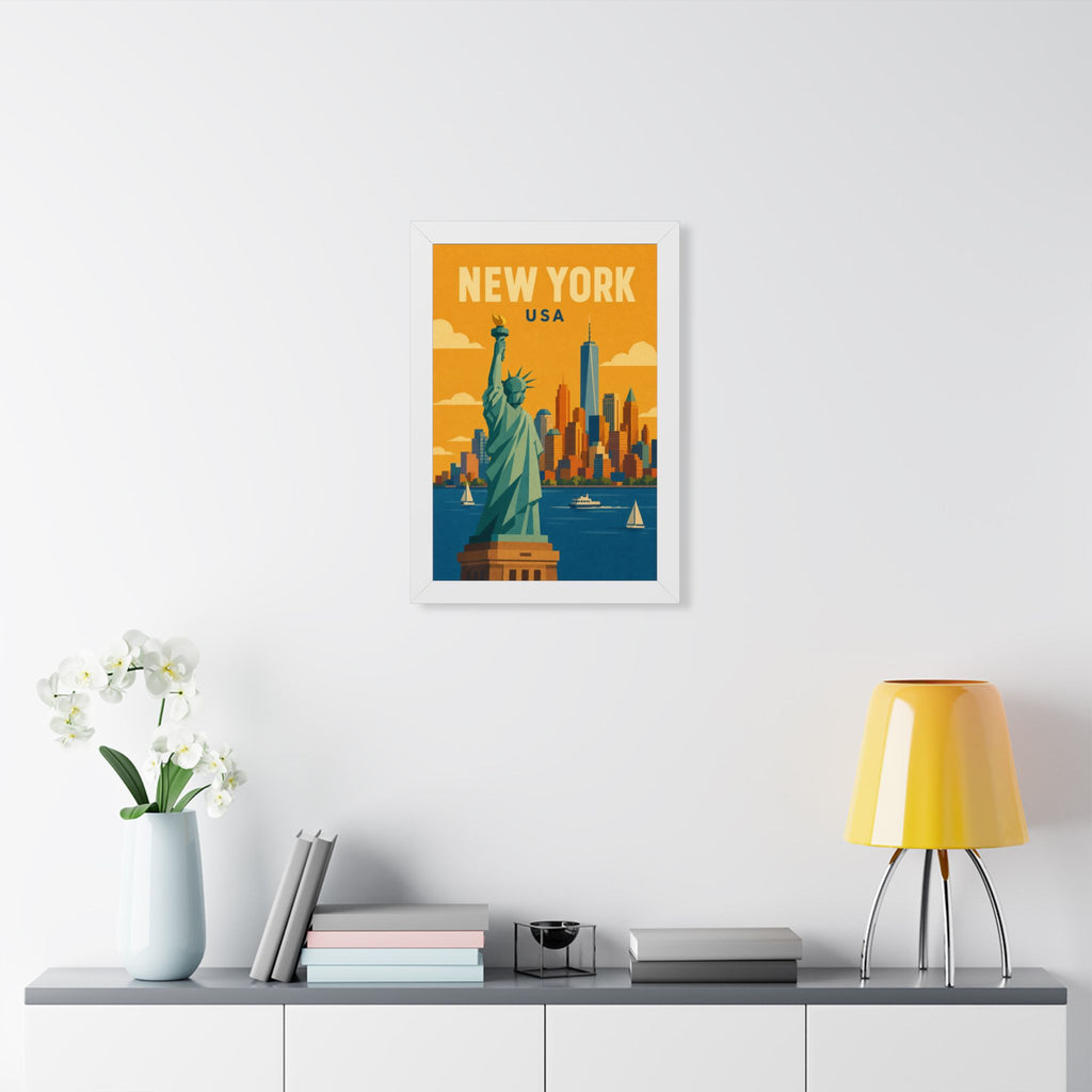 New York Statue of Liberty United States Framed Poster | Vintage Travel Wall Art | Black Walnut White Frame | 16x24 20x30