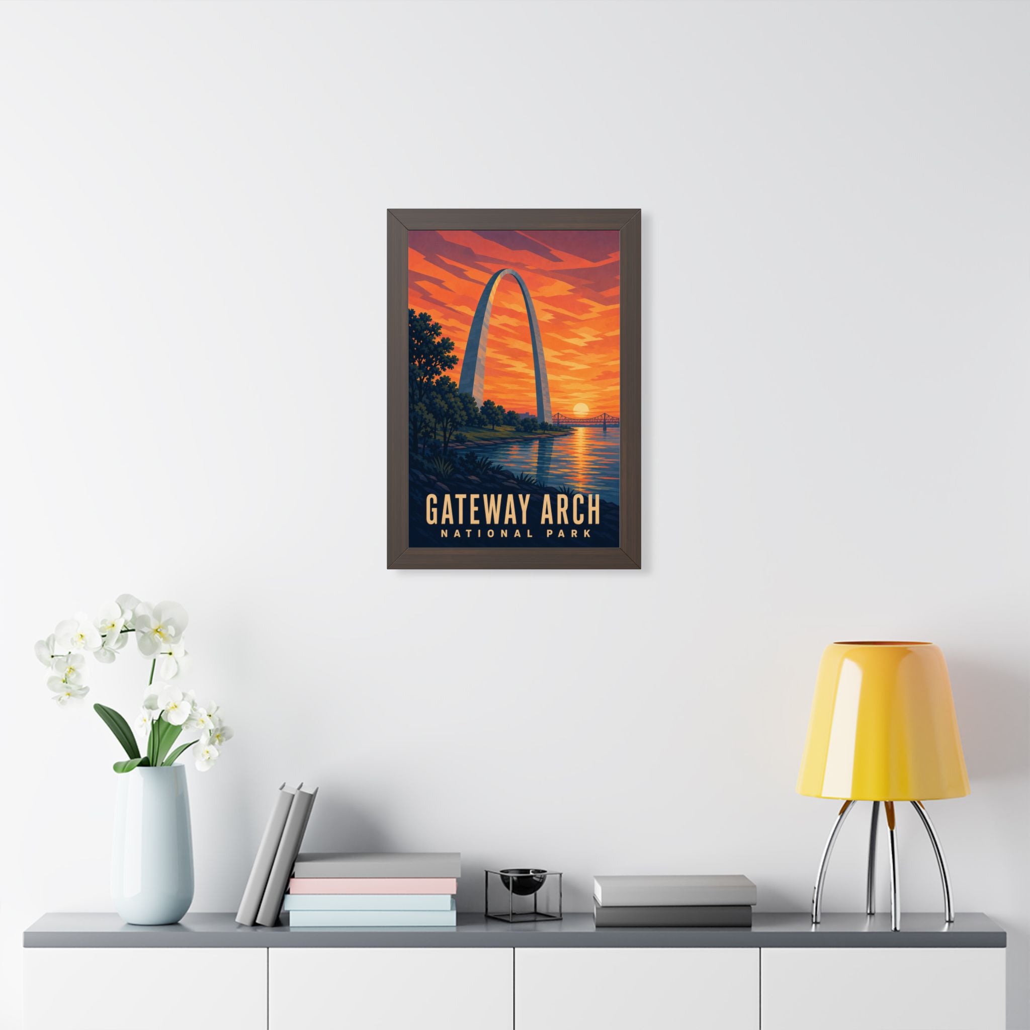 Gateway Arch National Park Framed Poster | Vintage Travel Wall Art | Black Walnut White Frame | 16x24 20x30