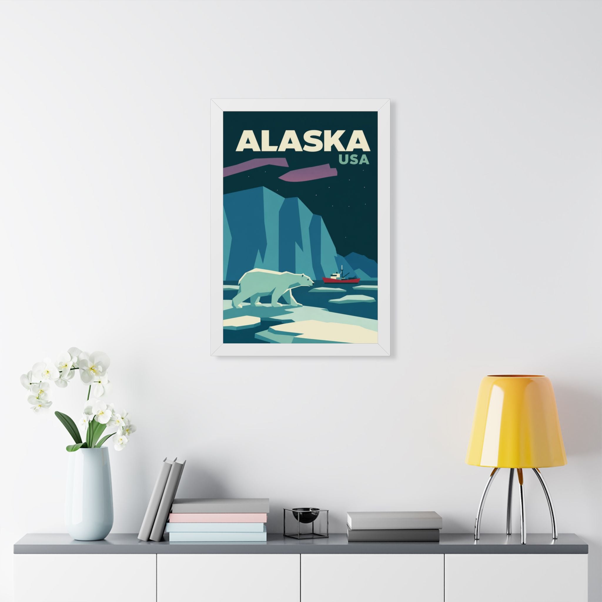 Alaska Polar Bear United States Framed Poster | Vintage Travel Wall Art | Black Walnut White Frame | 16x24 20x30