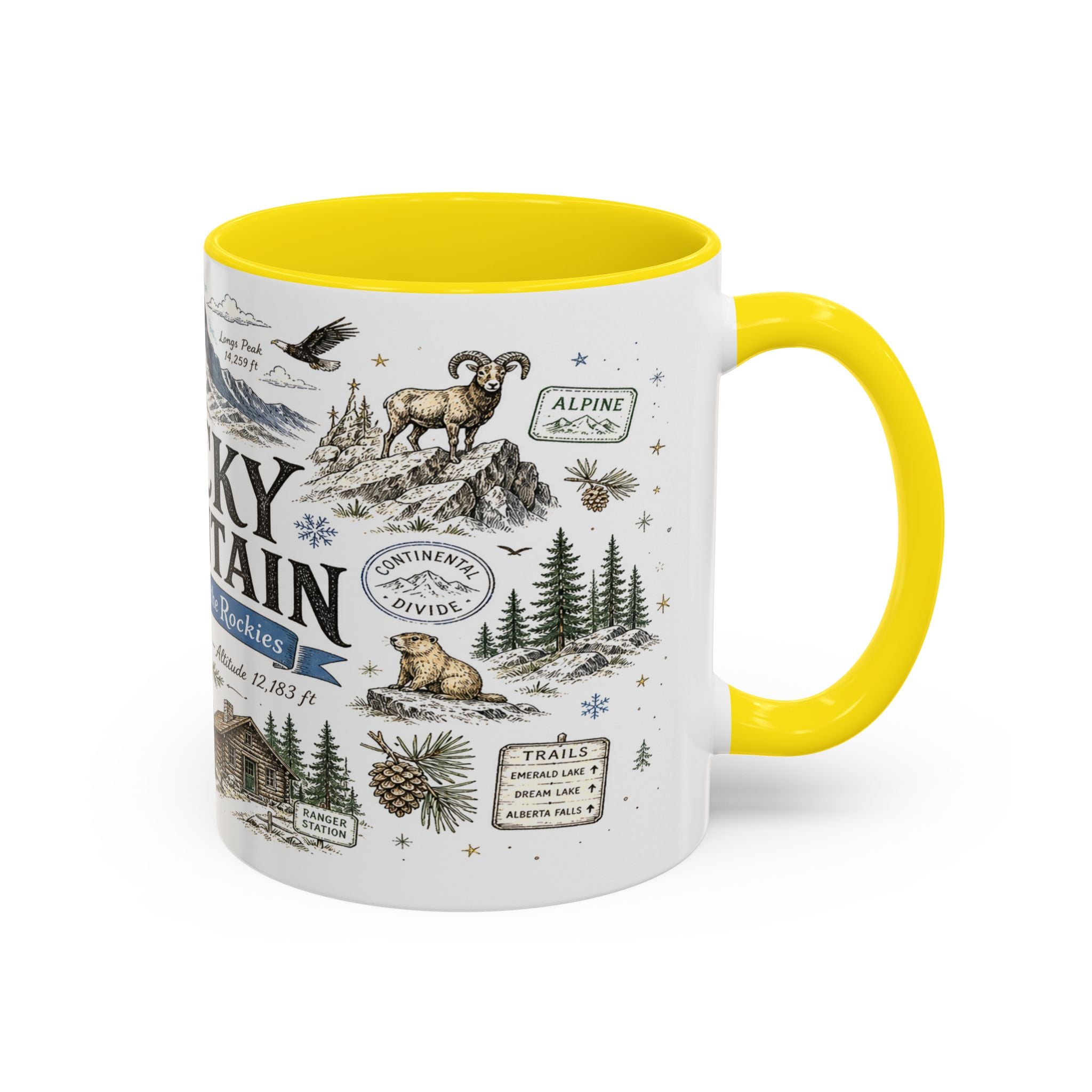 Rocky Mountain Coffee Mug | National Park Hiking Camping Gift | Accent Color Ceramic 11oz 15oz