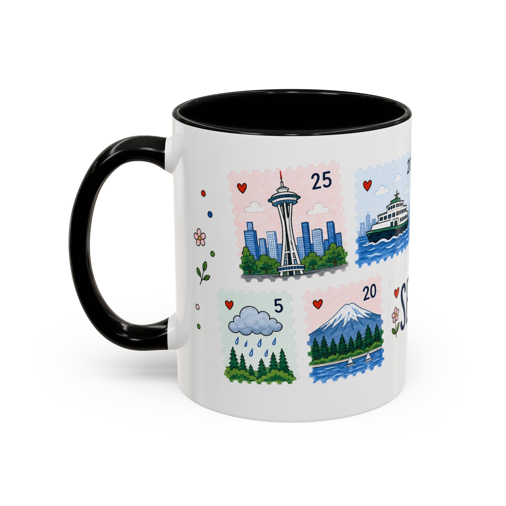 Seattle Coffee Mug | Postage Stamp Collage Mug | Travel Souvenir Accent Cup 11oz 15oz
