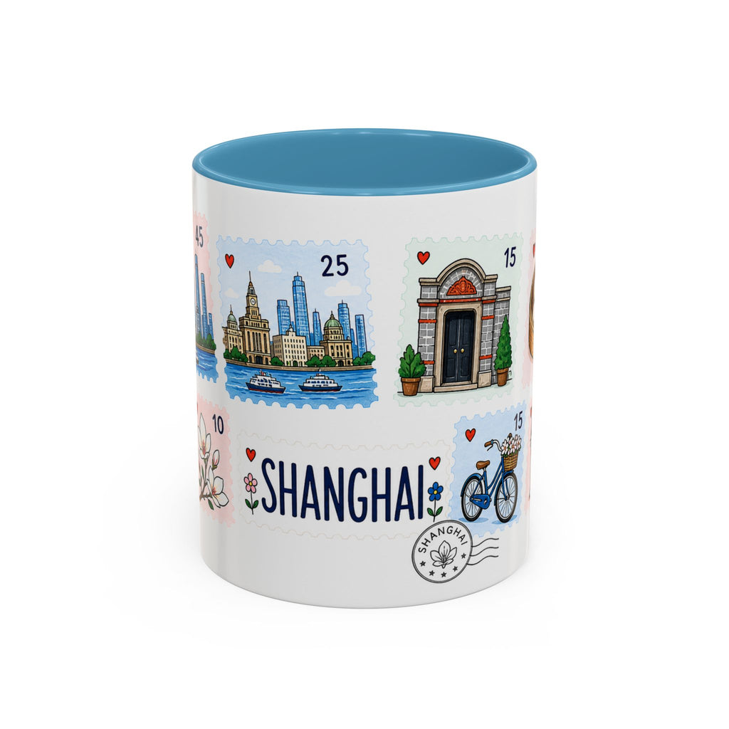 Shanghai Coffee Mug | Postage Stamp Collage Mug | Travel Souvenir Accent Cup 11oz 15oz