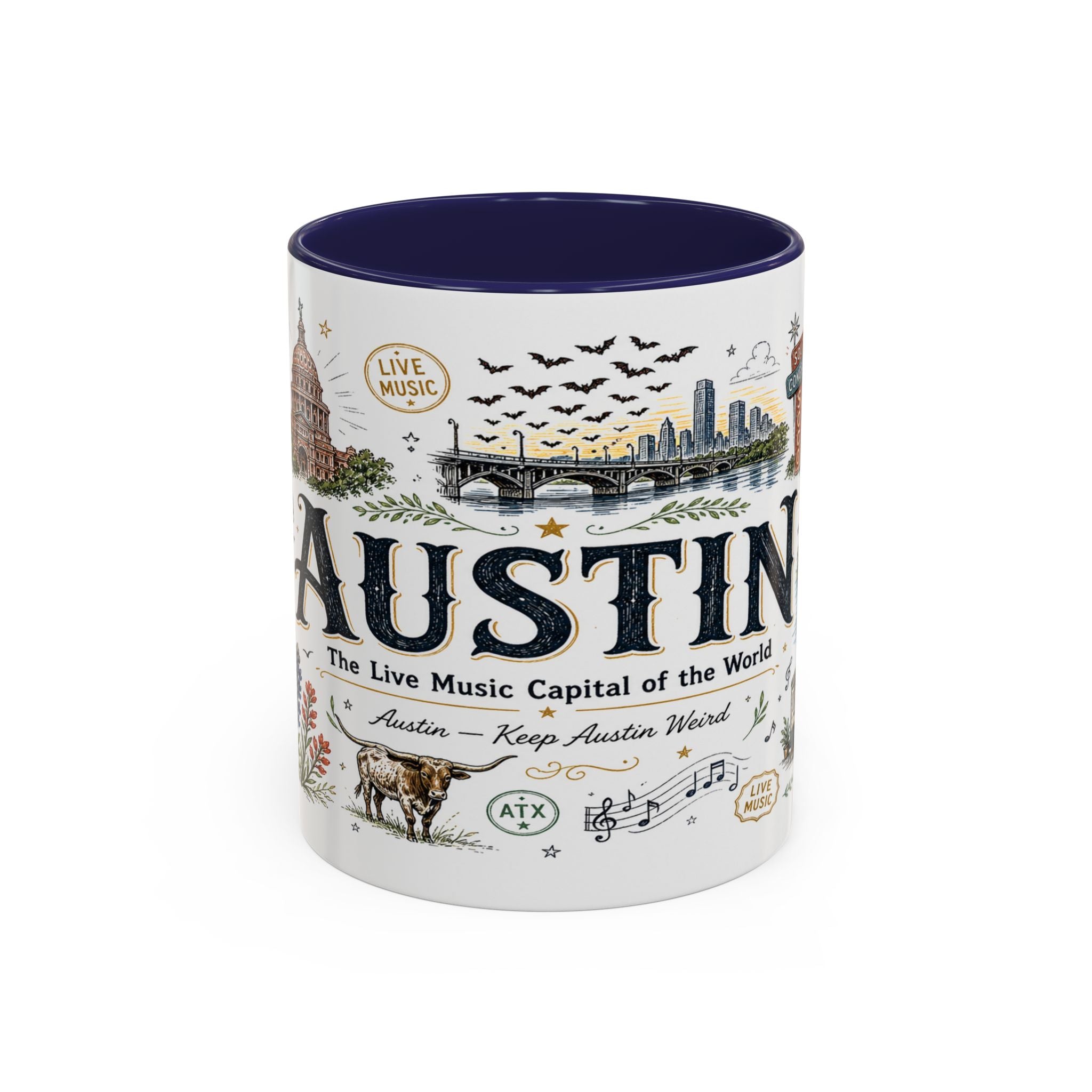 Austin Coffee Mug | Texas Souvenir City Gift | Accent Color Ceramic 11oz 15oz