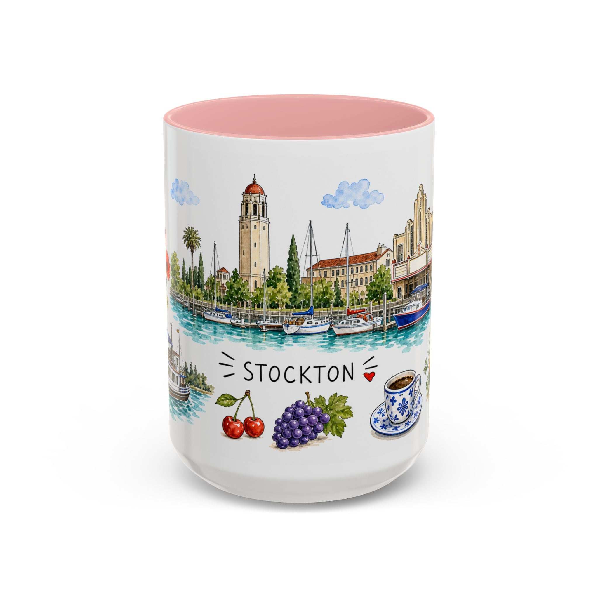 Stockton Illustrated Travel Mug | City Souvenir Accent Coffee Mug | 11oz 15oz Ceramic Cup
