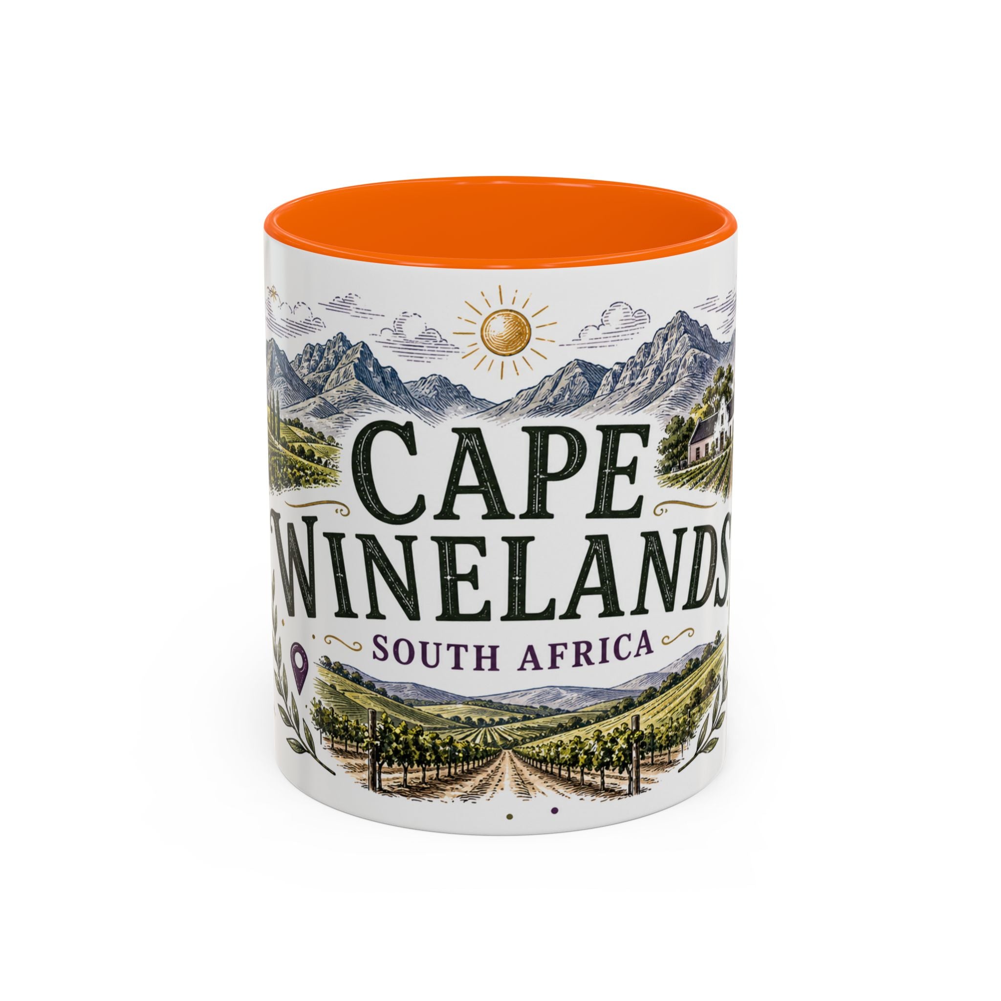 Cape Winelands Coffee Mug | Travel Destination Souvenir Gift | Accent Color Ceramic 11oz 15oz