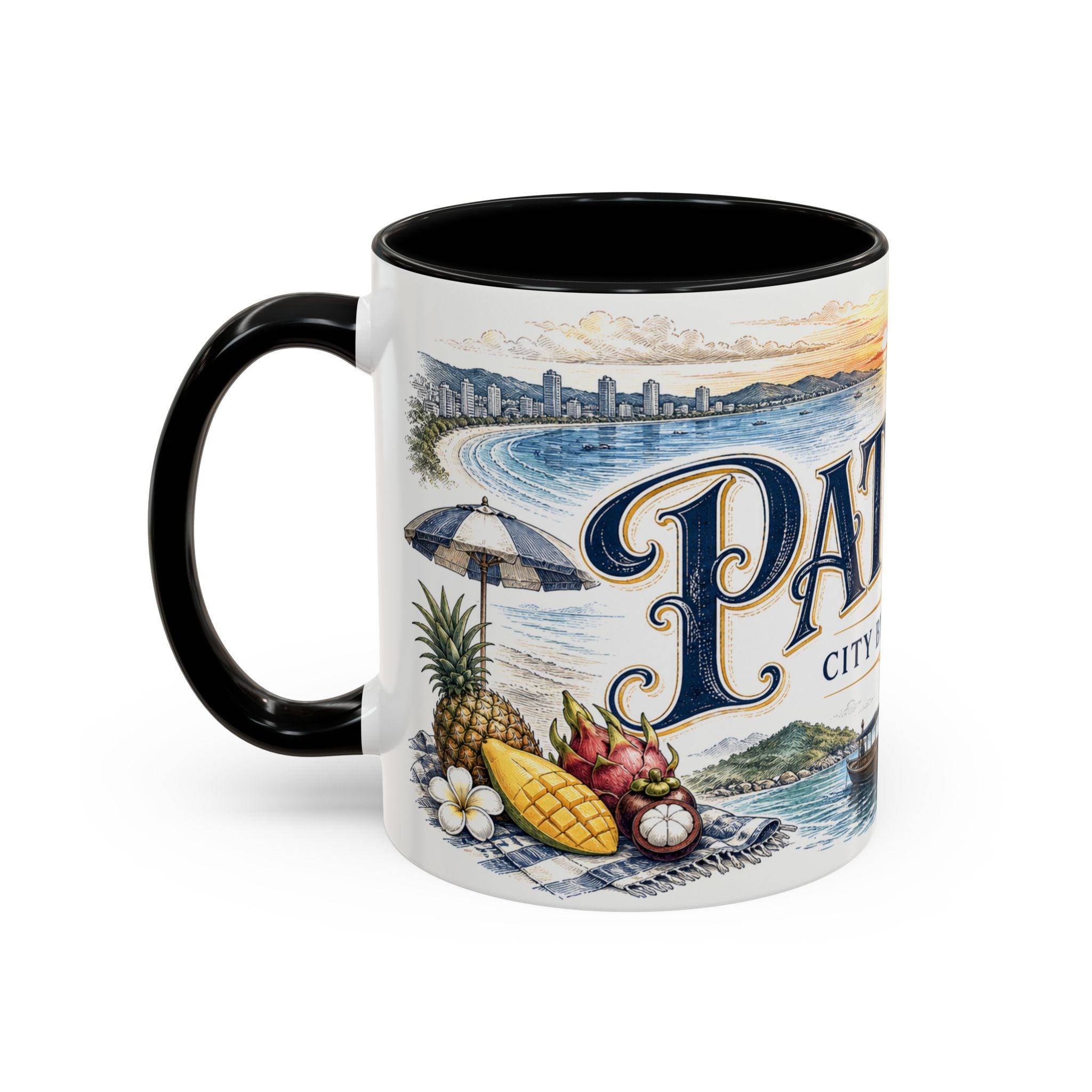 Pattaya Coffee Mug | Thailand Travel Souvenir | Vintage Illustrated City Gift | 11 oz 15 oz Accent Mug
