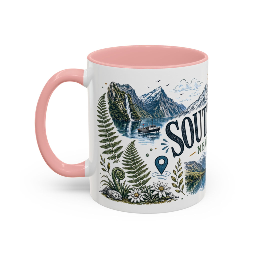 New Zealand South Island Coffee Mug | Travel Destination Souvenir Gift | Accent Color Ceramic 11oz 15oz