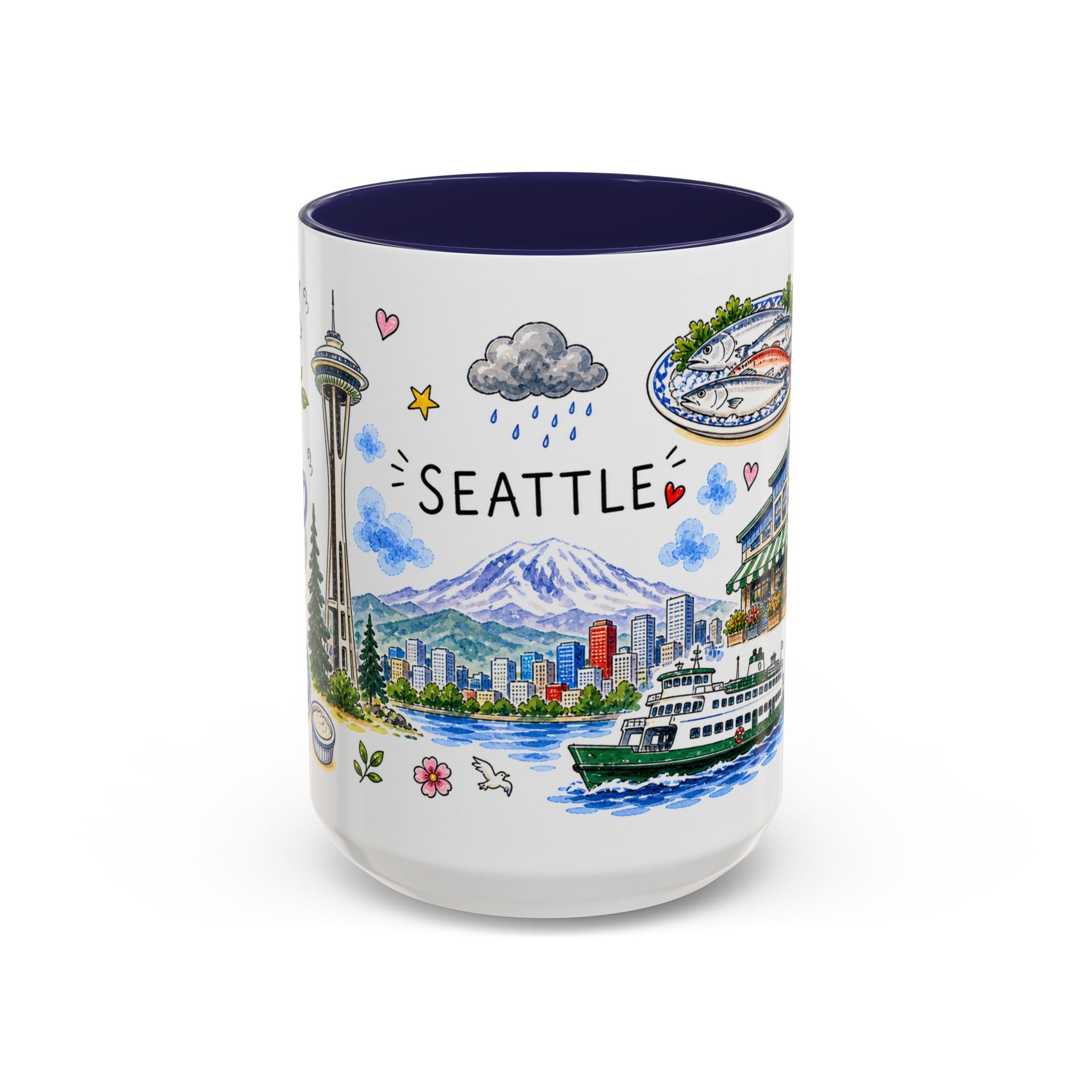 Seattle Illustrated Travel Mug | City Souvenir Accent Coffee Mug | 11oz 15oz Ceramic Cup