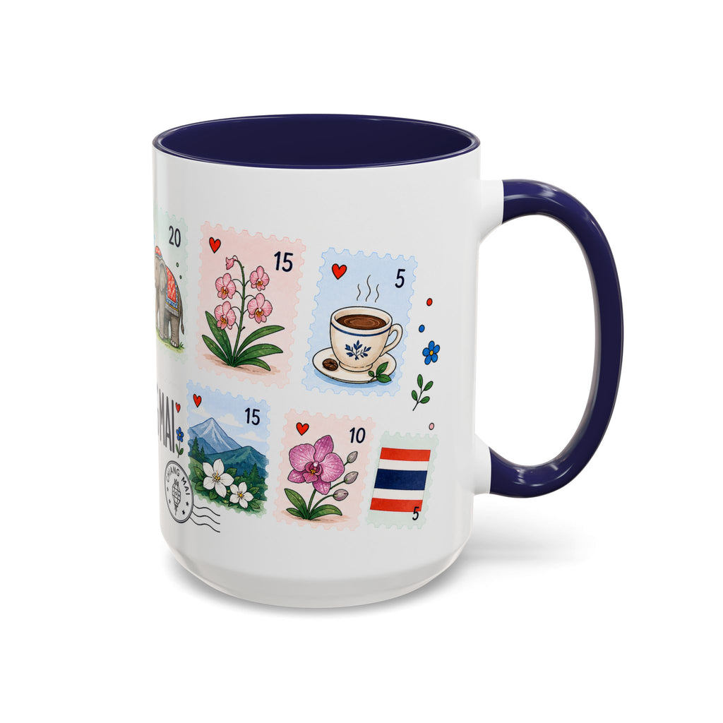 Chiang Mai Coffee Mug | Postage Stamp Collage Mug | Travel Souvenir Accent Cup 11oz 15oz